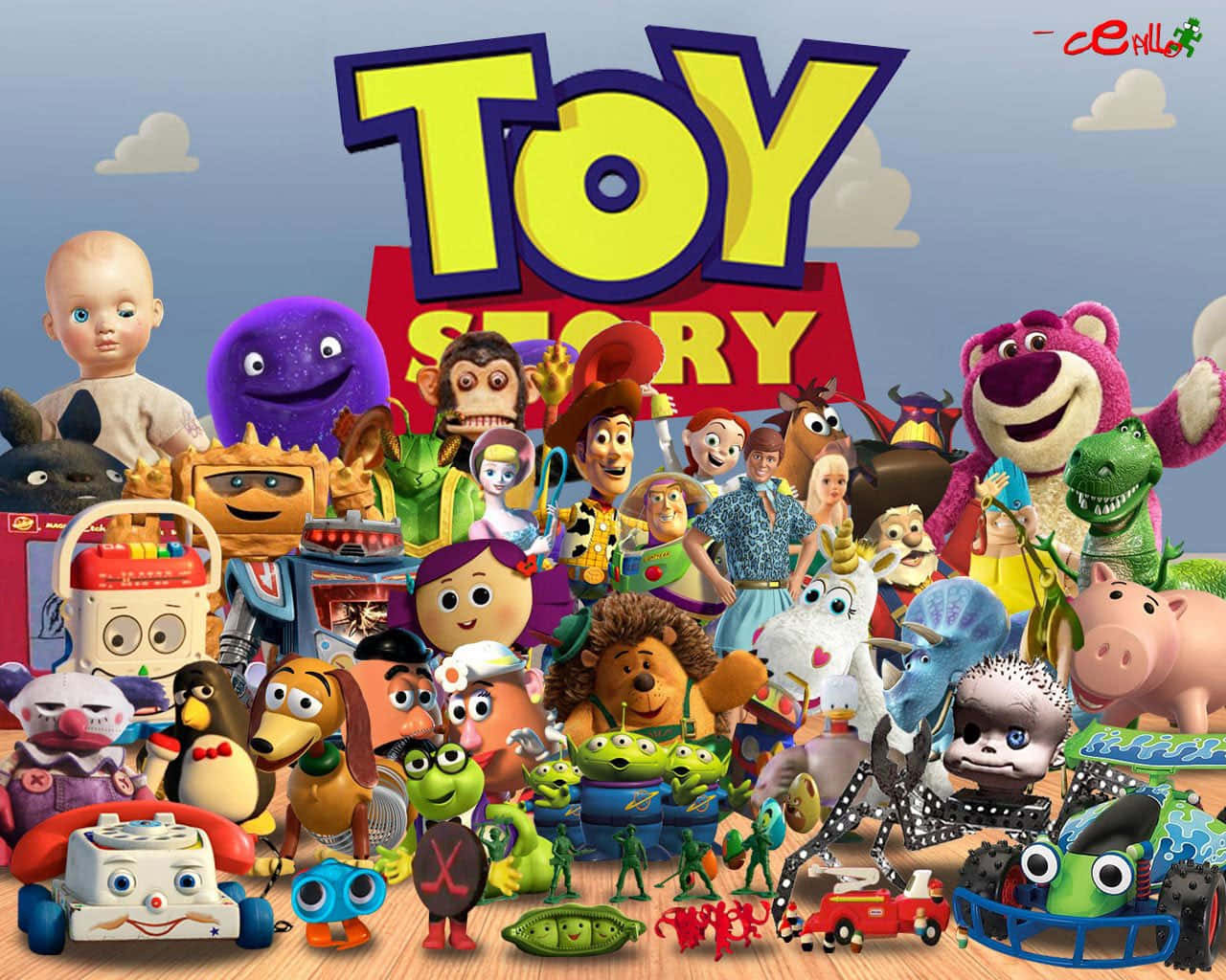 toys 桌布 壁紙 — 一群色彩繽紛的3D渲染《反斗奇兵》角色在藍天白雲下聚集。