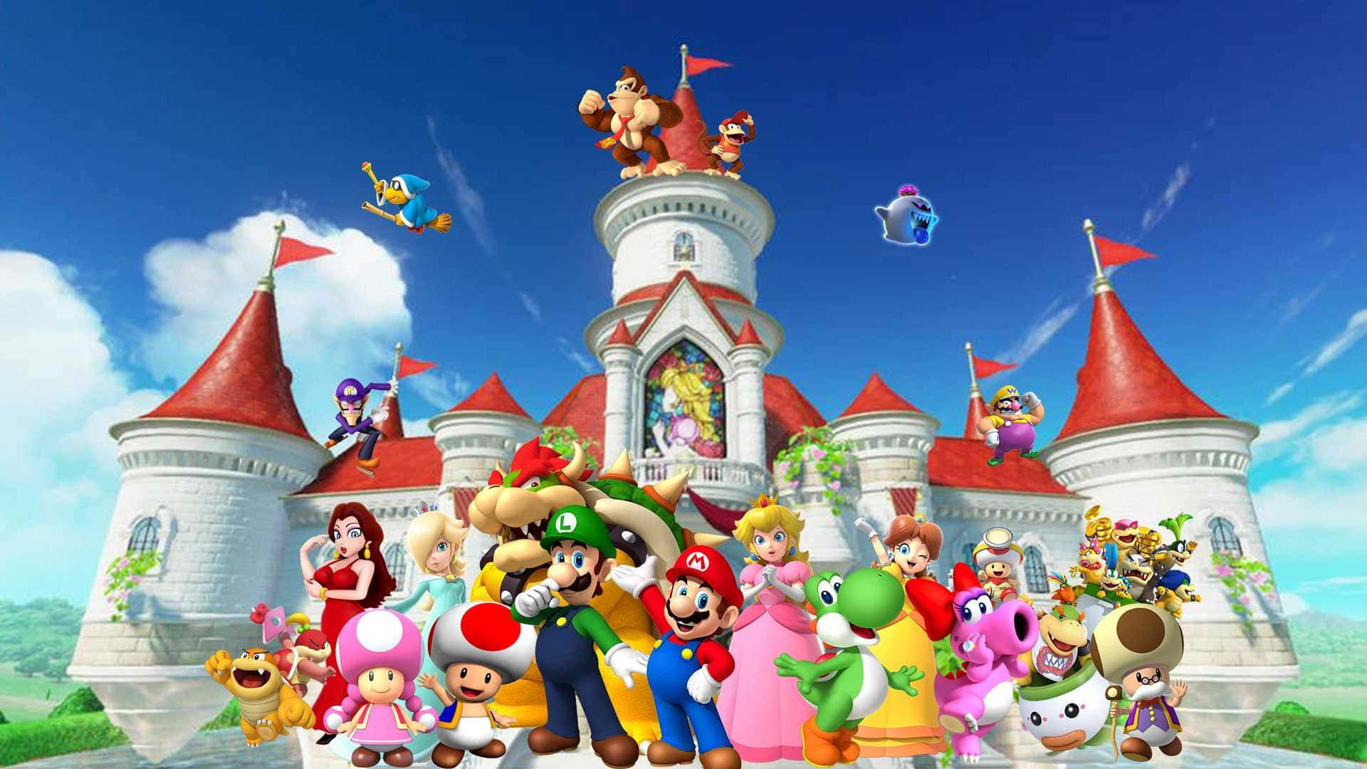 Mushroom Kingdom 桌布 壁紙 — 一群色彩繽紛的任天堂角色聚集在一座宏偉的城堡前，城堡有紅色屋頂和白色牆壁，背景是明亮的藍天。