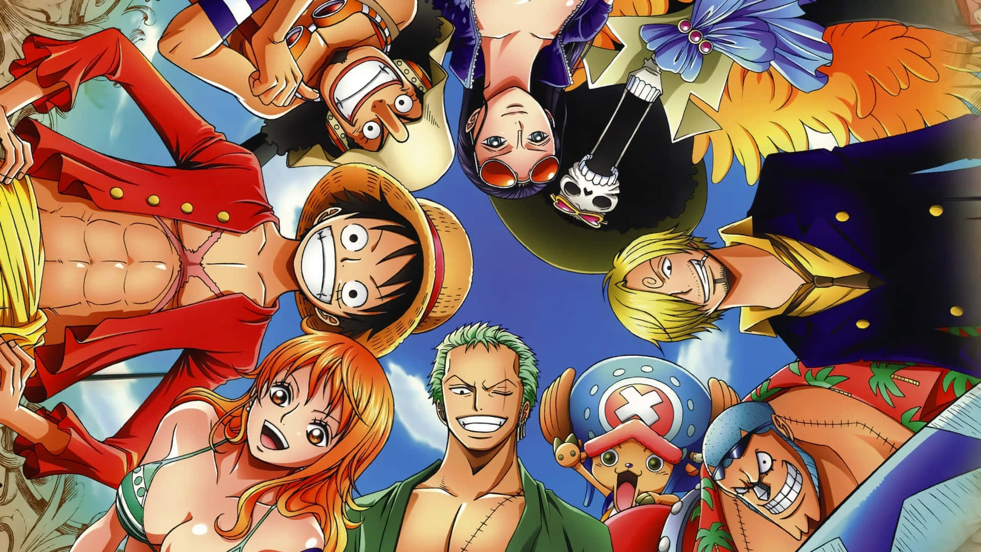 One Piece Characters 桌布 壁紙 — 一群色彩繽紛的動畫海盜在明亮的藍天下歡樂地圍成一圈。