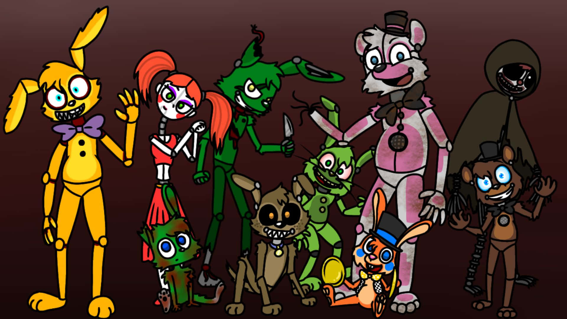 Fazbear Frights 桌布 壁紙 — 一群色彩繽紛的卡通動畫角色，表情誇張，牙齒鋒利，站在深棕色背景前。
