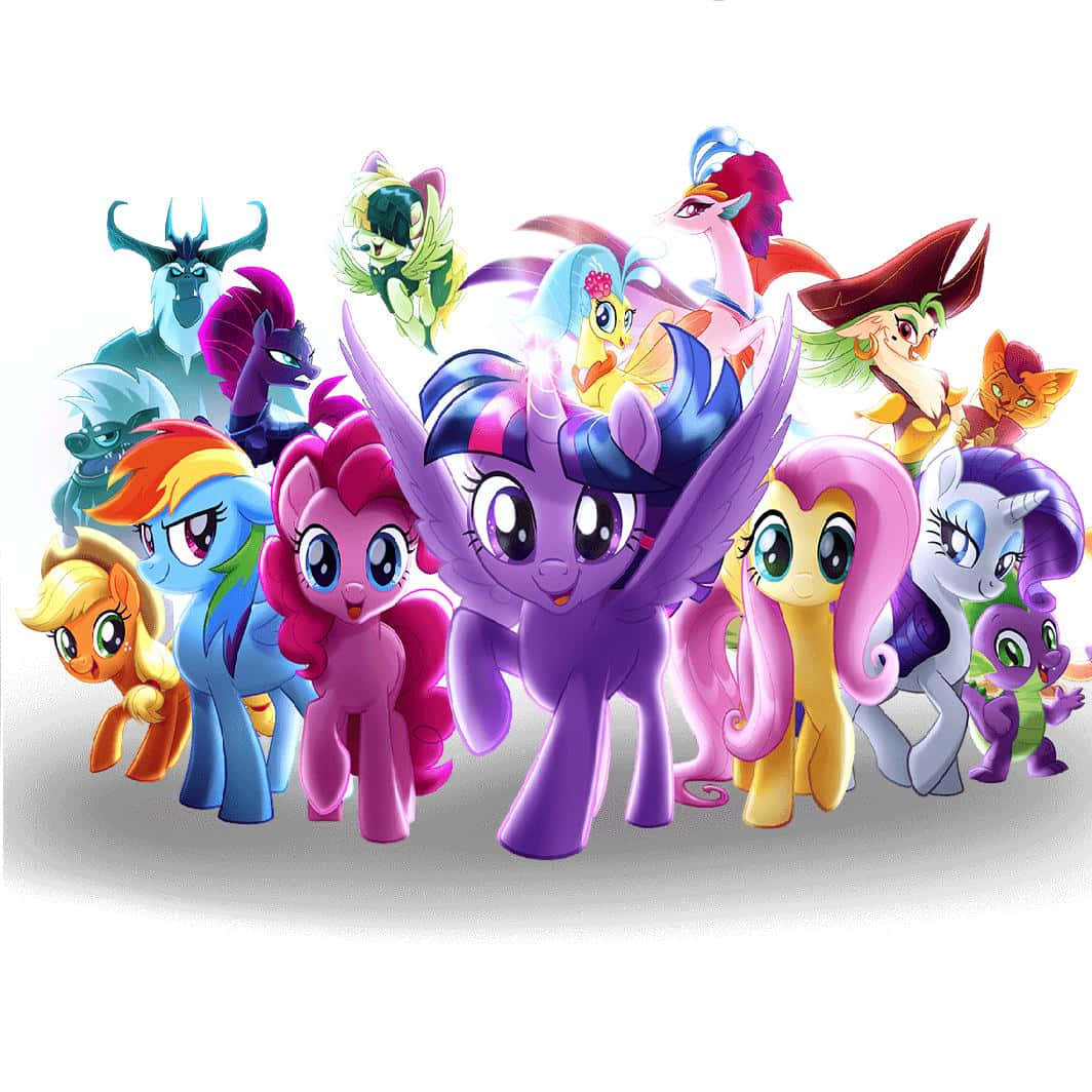 pony 桌布 壁紙 — 一群色彩繽紛的卡通小馬和神話生物在純白色背景前一起擺姿勢。