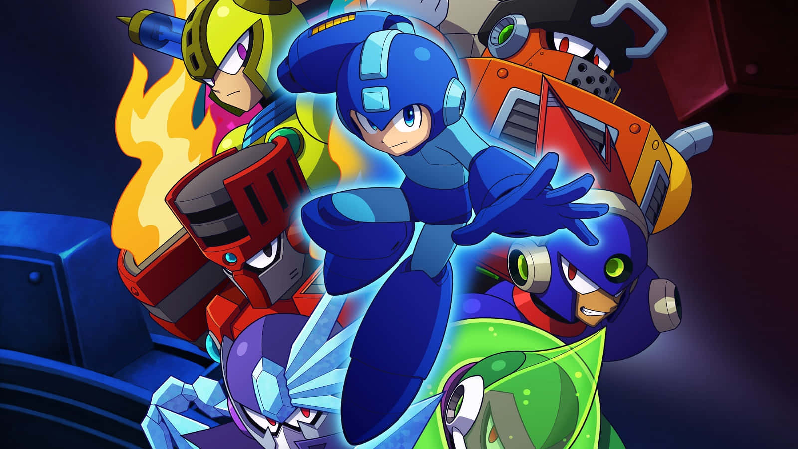 Megaman 桌布 壁紙 — 一群色彩繽紛的機械人英雄與反派在充滿活力的動漫風格動作場景中動態展現。