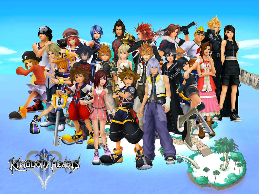 Kingdom Hearts Characters 桌布 壁紙 — 一群色彩繽紛的王國之心角色在浮島上擺姿勢，背景是明亮的藍天和棕櫚樹。