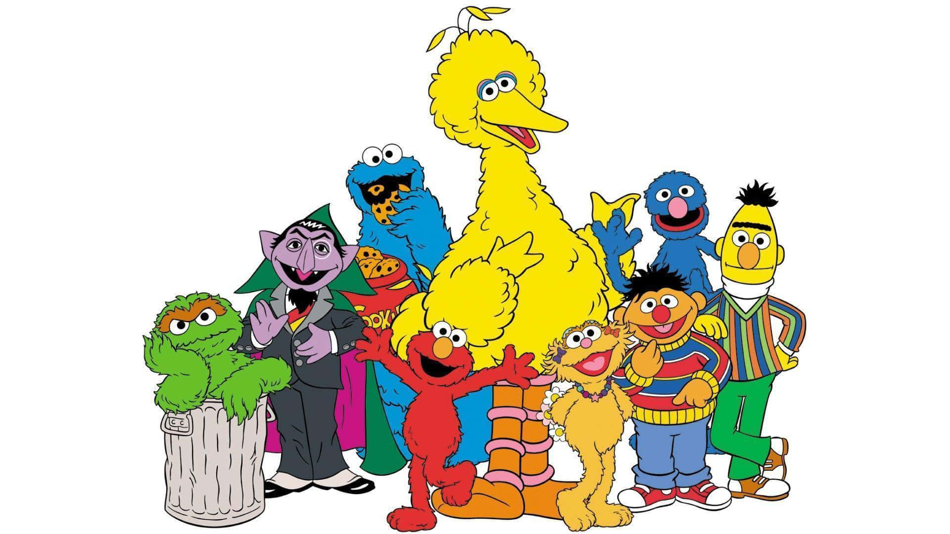 Sesame Street 桌布 壁紙 — 一群色彩繽紛的芝麻街木偶喺純白色背景前開心一齊擺甫士。