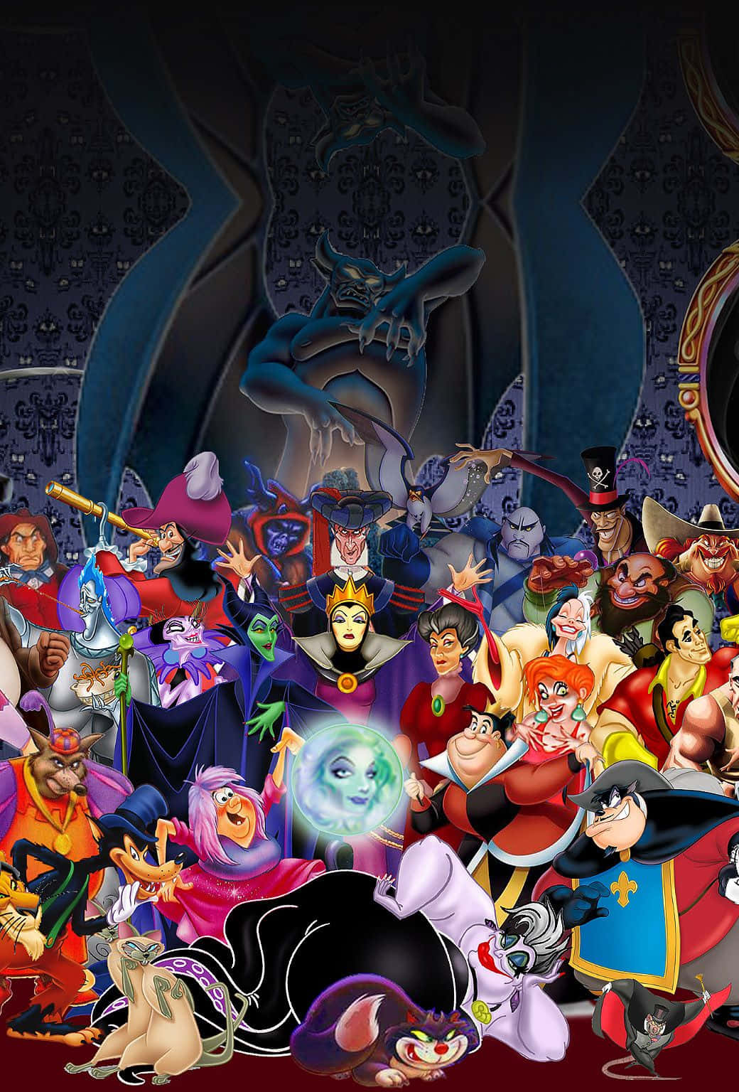 Cartoon Villains 桌布 壁紙 — 一群色彩鮮豔的迪士尼反派聚集在一個黑暗華麗的大廳中，上方有一個陰影人物若隱若現。