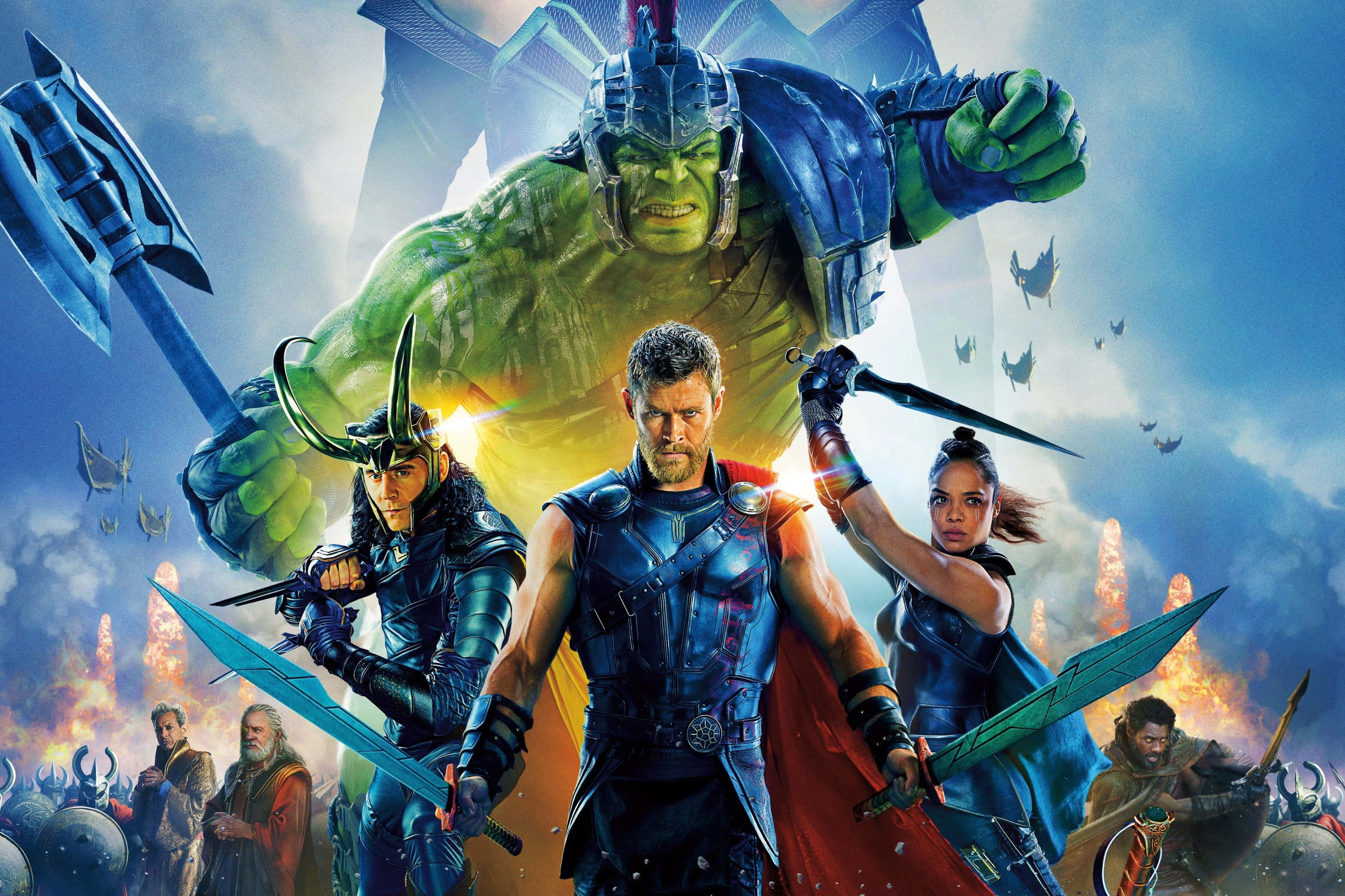 洛基 桌布 壁紙 — 一群英勇的Marvel超級英雄，包括Thor、Hulk和Valkyrie，準備在熾熱的背景前戰鬥。