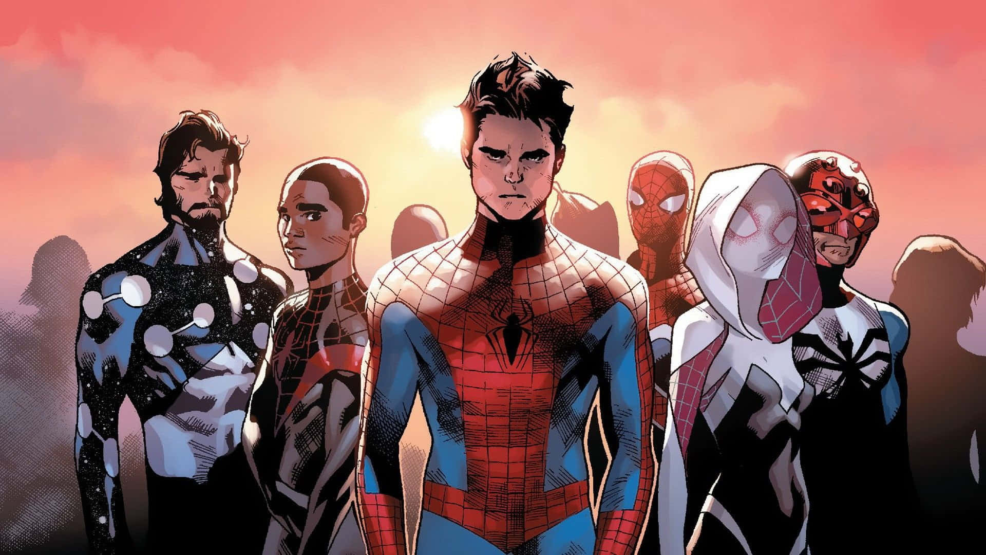 Ultimate Spider-man 桌布 壁紙 — 一群蜘蛛俠變體在發光的日落天空下以英雄姿態排成一列。