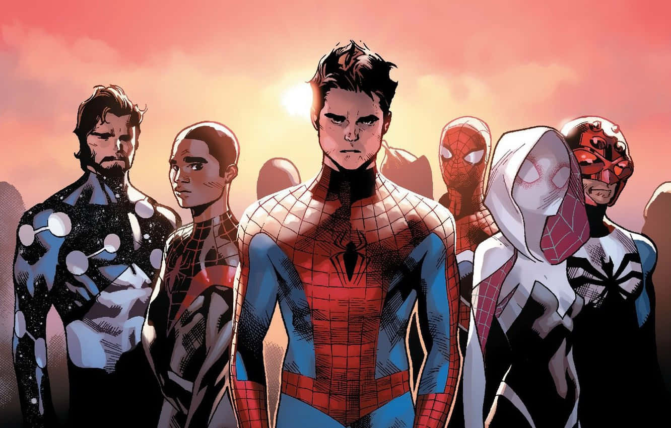Gwen Stacy 桌布 壁紙 — 一群蜘蛛俠變體在閃耀的日落天空下以英雄姿態排成一列。