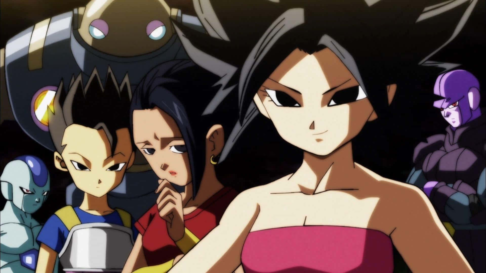 Dragon Ball Super Universe 6 桌布 壁紙 — 一群表情強烈的動漫角色站在黑暗場景中，有一位身穿粉紅色上衣的女性和機械人形象。
