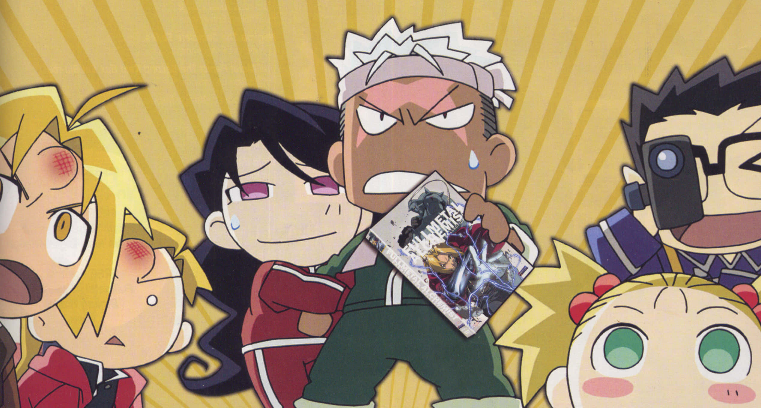 Fullmetal Alchemist Scar 桌布 壁紙 — 一群表情誇張的動漫角色圍繞著一個手持漫畫書的中心人物，背景為黃色放射狀。