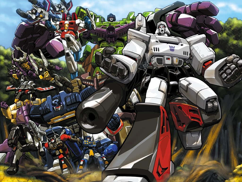 Cartoon Robot 桌布 壁紙 — 一群變形金剛機械人在陽光明媚的藍天下，於樹木繁茂的山坡上擺出戰鬥姿勢。