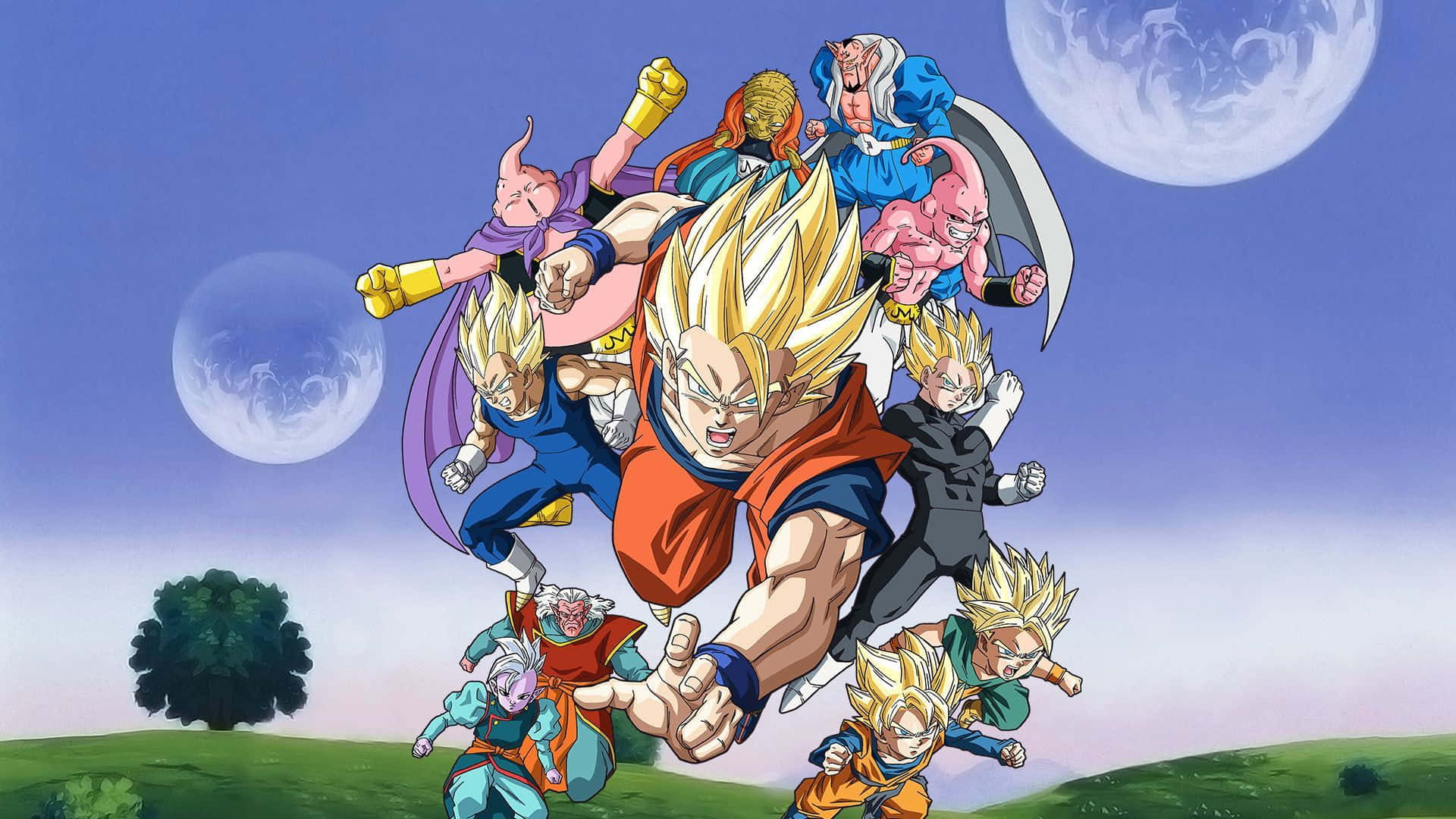 Dragon Ball Z Kai 桌布 壁紙 — 一群超級撒亞人形態的龍珠角色在黃昏天空下，有兩個月亮的草地上方動態飛翔。