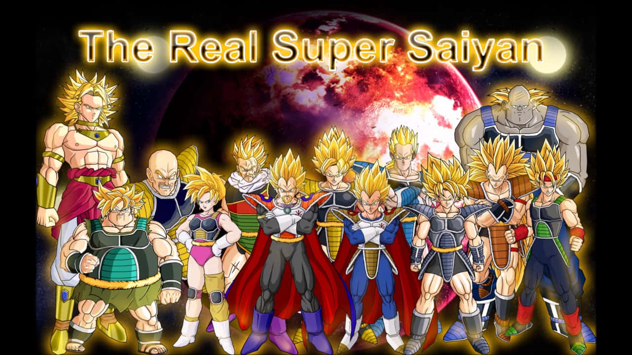 Saiyan Race 桌布 壁紙 — 一群超級撒亞人戰士英雄地站在一個發光紅色行星的宇宙背景下。
