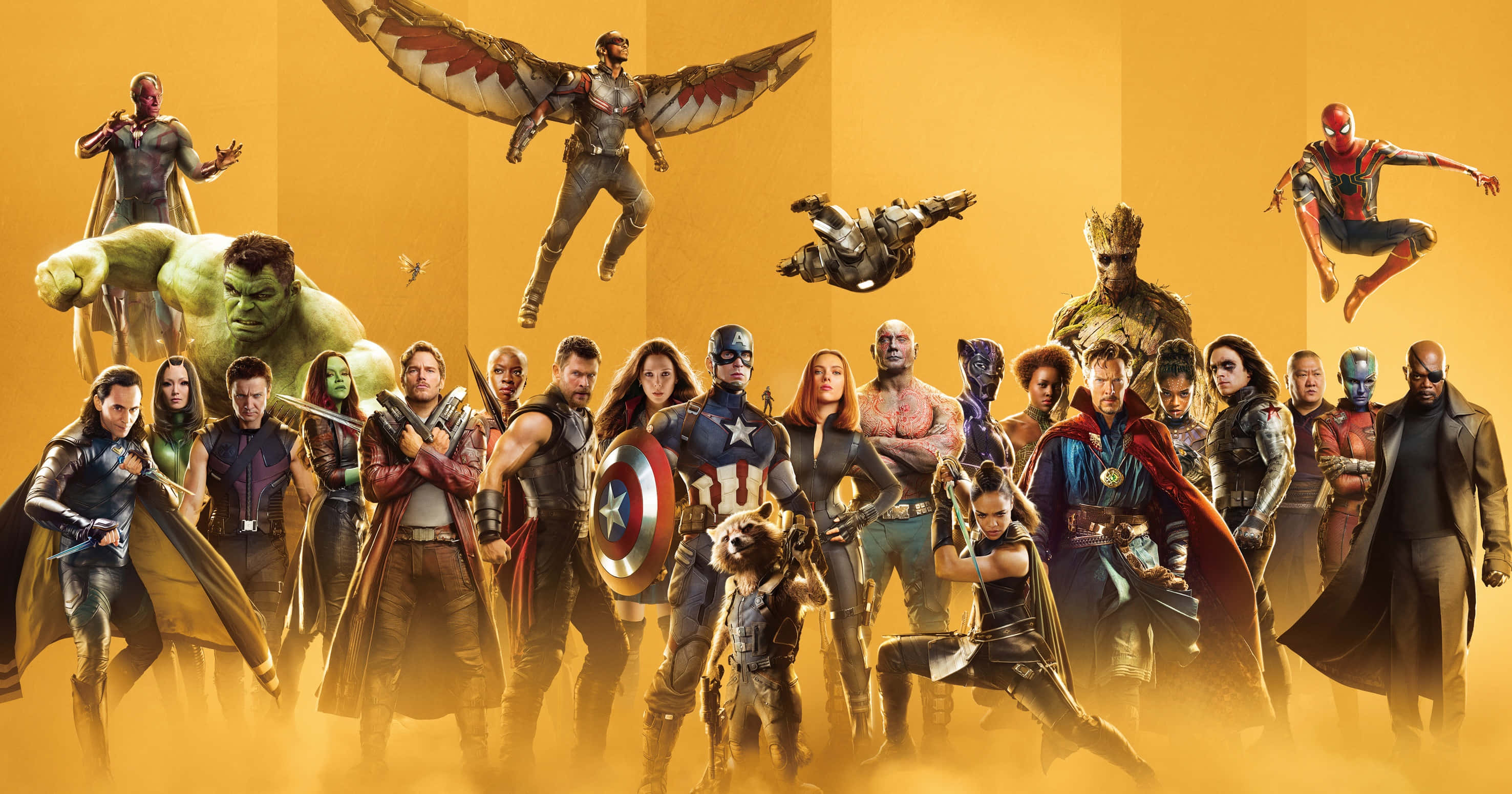 Mcu Phase Four 桌布 壁紙 — 一群超級英雄和反派在閃耀的金色背景下以英雄姿態擺出動態姿勢。