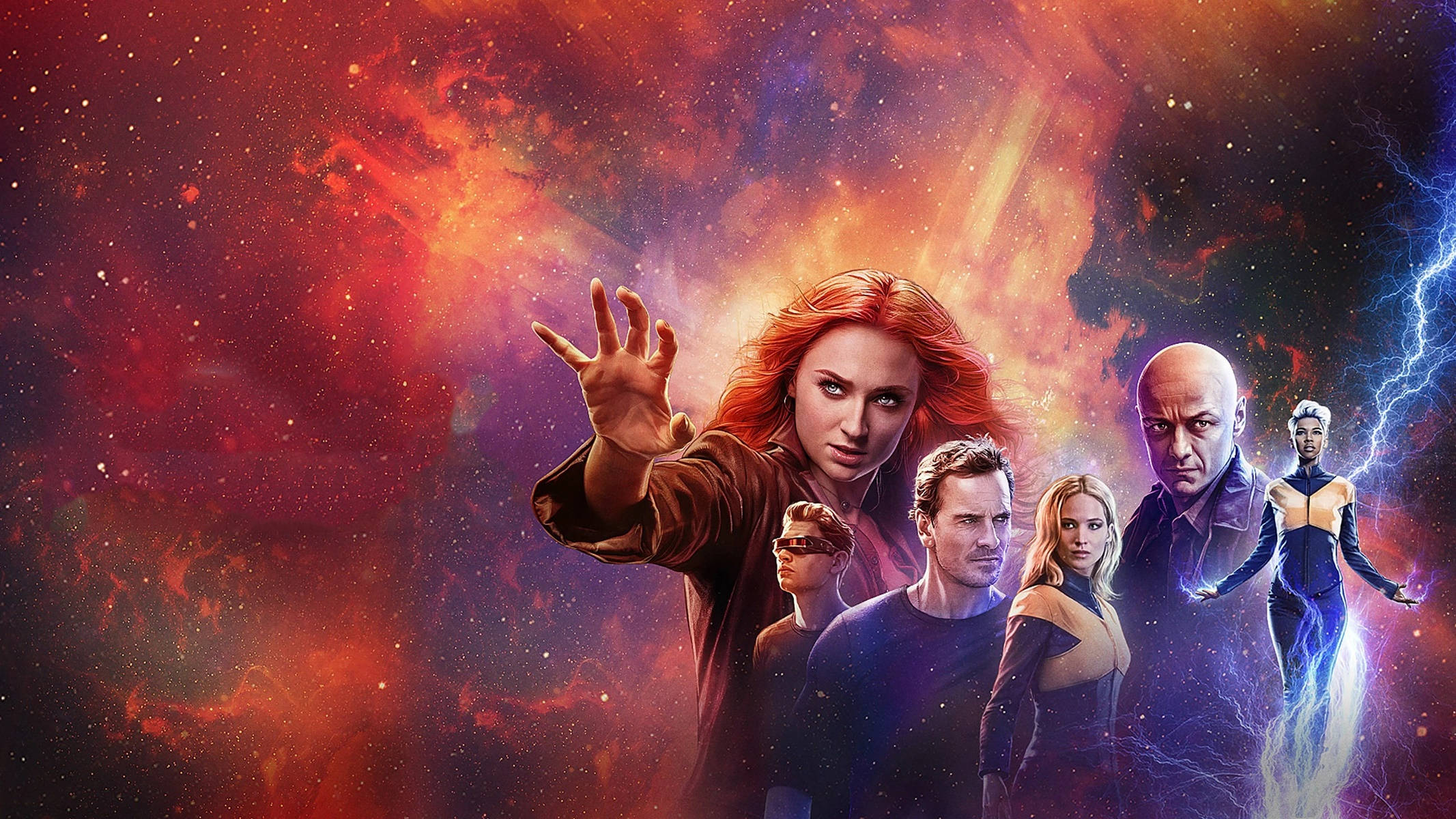 X Men Movie Dark Phoenix Film 壁紙 — 一群超級英雄站在熾熱的宇宙星雲背景前，周圍電能噼啪作響，表現出挑釁的姿態。