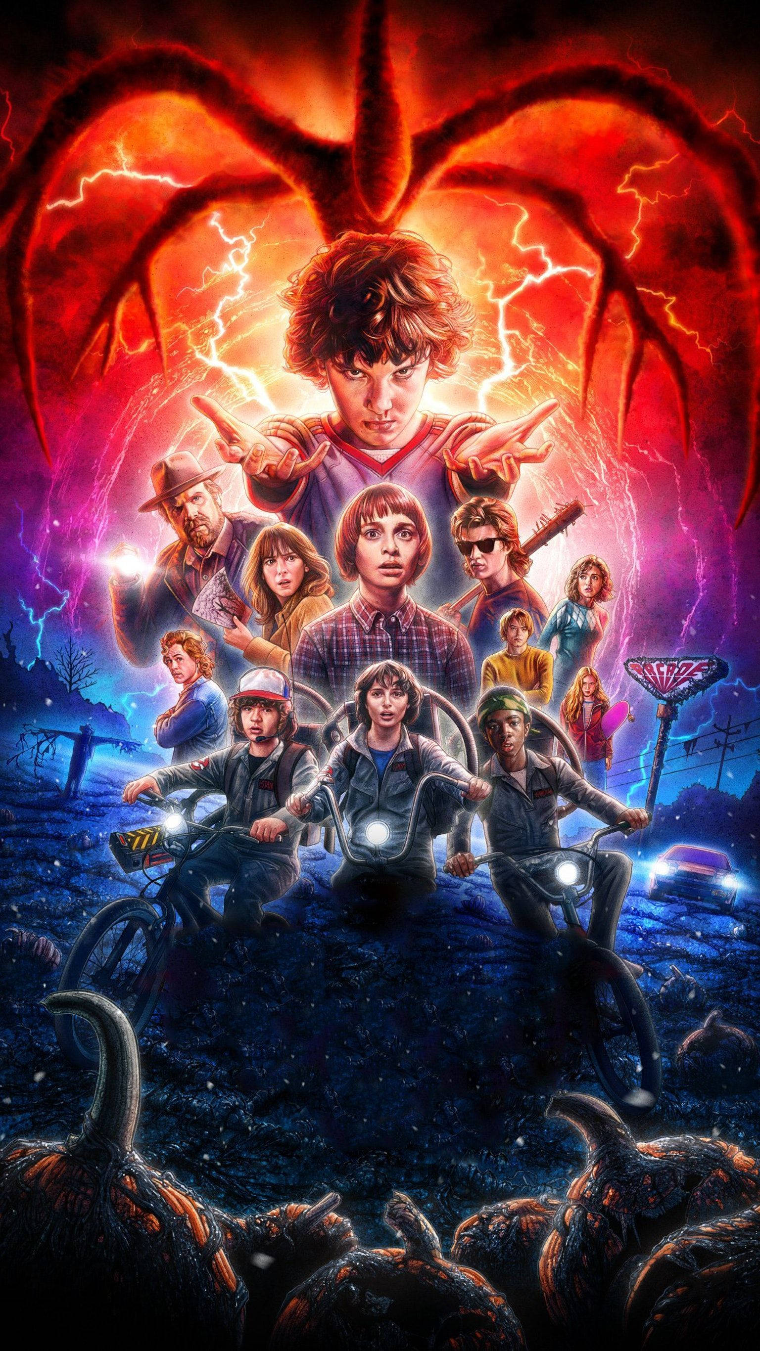 Netflix 桌布 壁紙 — 一群踩單車的小孩在雷電交加的暴風雨天空下，面對一隻發光的巨型蜘蛛怪物。