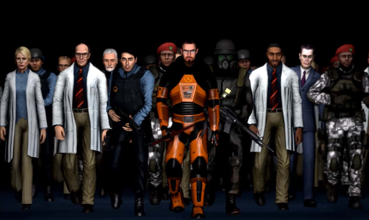 Half-life Characters 桌布 壁紙 — 一群身穿實驗袍和戰鬥裝備的武裝科學家和士兵，在一個黑暗的房間裡，中央有一個橙色裝甲人物。