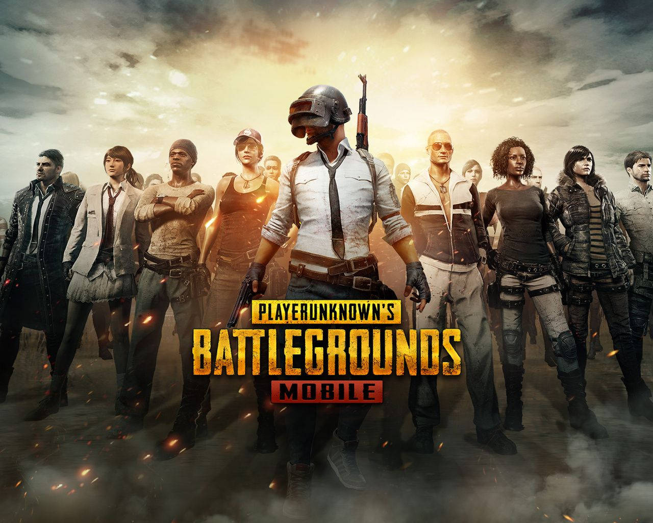 PUBG 桌布 壁紙 — 一群身穿戰術裝備的不同武裝玩家，在煙霧瀰漫、火光沖天的天空下，挑釁地站立於大逃殺遊戲宣傳中。