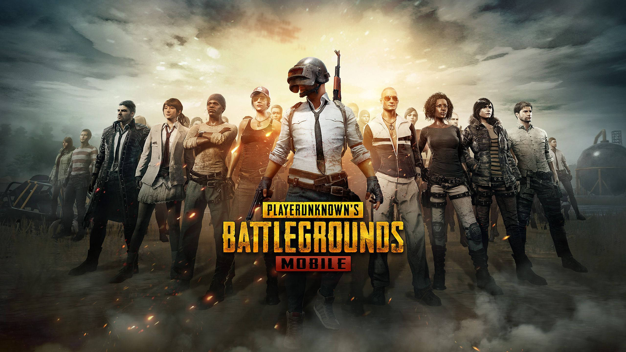 PUBG 桌布 壁紙 — 一群身穿戰術裝備的多元大逃殺玩家，在煙霧瀰漫的戰場上，於戲劇性的天空下挑釁地站立。