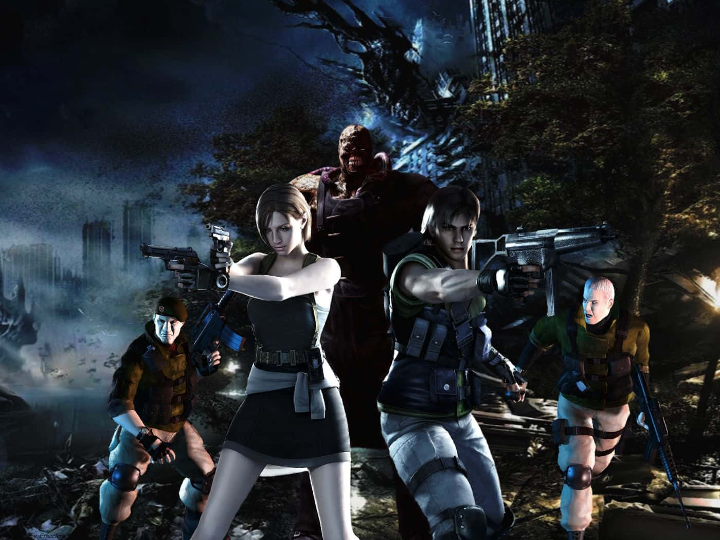 Resident Evil Characters 桌布 壁紙 — 一群身穿戰術裝備的武裝倖存者在廢墟城市景觀中準備就緒，背景是黑暗暴風雨的天空，一個怪物般的身影在他們身後若隱若現。