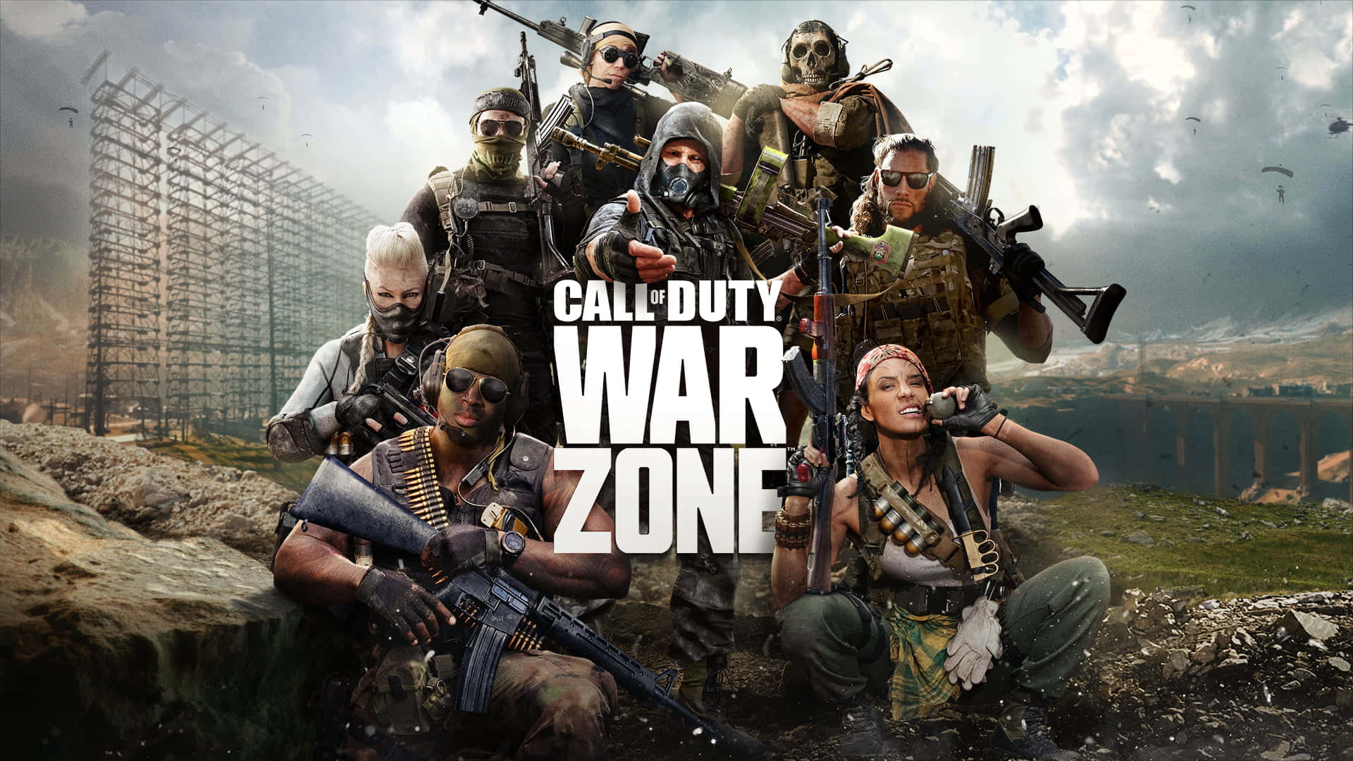 Call Of Duty Soldiers 桌布 壁紙 — 一群身穿戰術裝備的武裝士兵在戰火摧殘的景觀中挑釁地擺姿勢，背景是一座巨大的無線電塔。