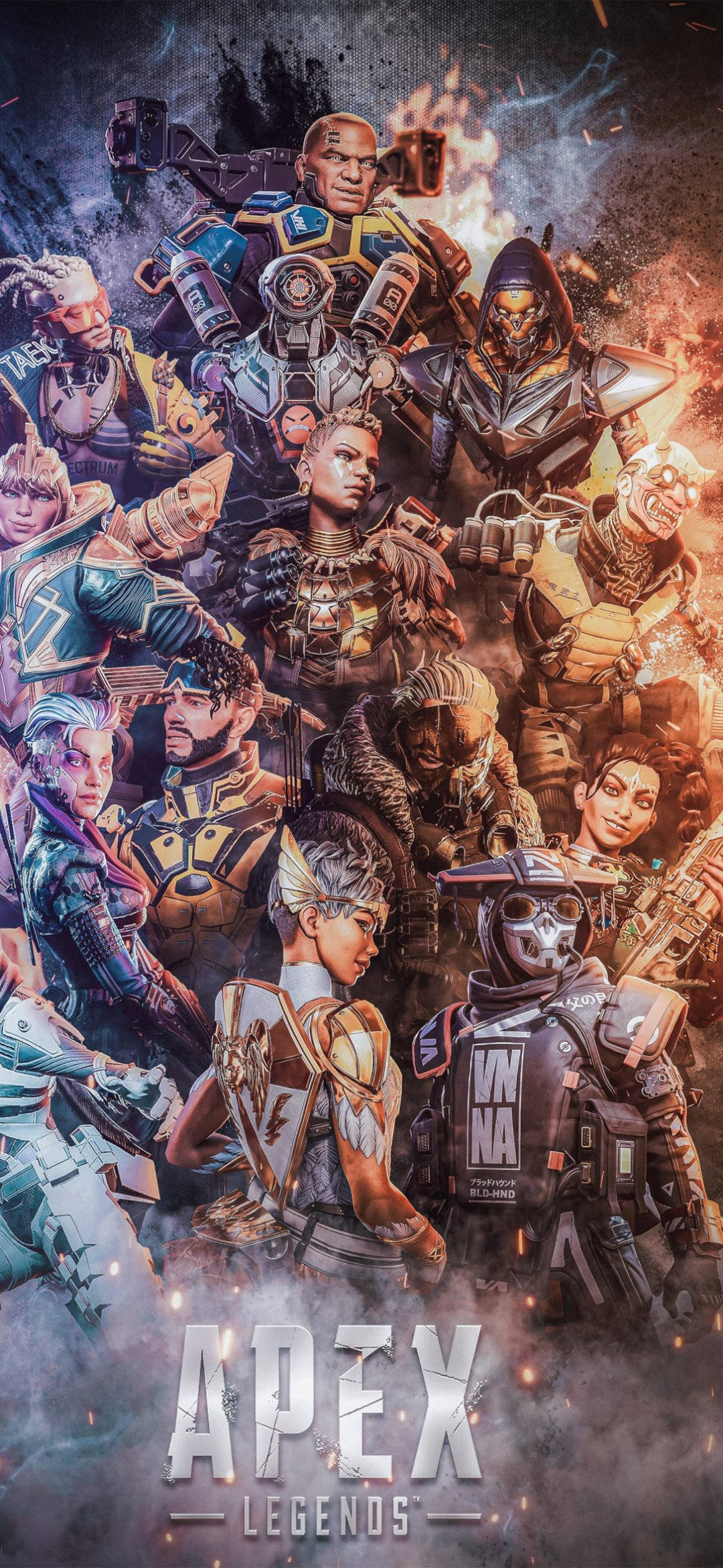 遊戲 桌布 壁紙 — 一群身穿戰鬥裝備的Apex Legends角色動態地站在火焰爆炸和煙霧中。
