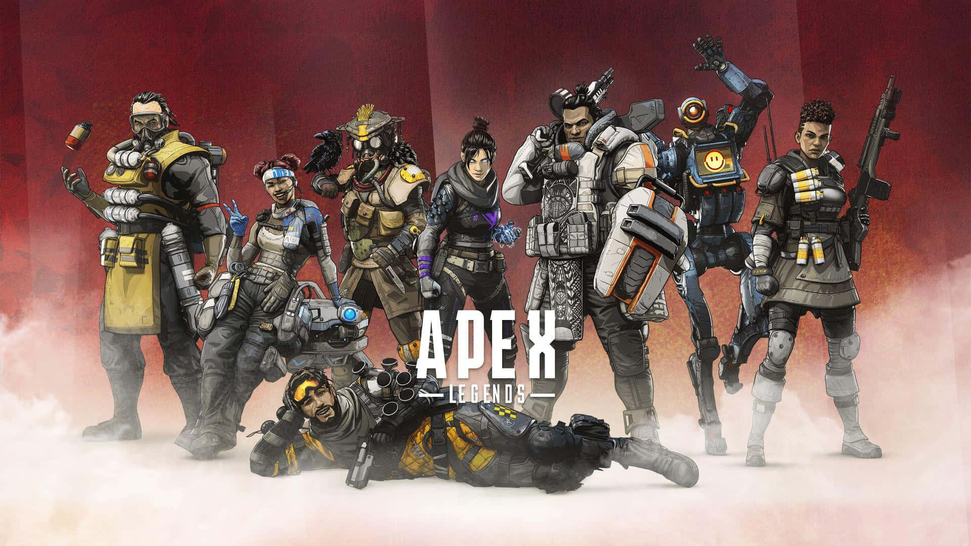 Apex 英雄 桌布 壁紙 — 一群身穿戰鬥裝備的Apex Legends角色在火紅且煙霧彌漫的背景前動態擺姿勢。