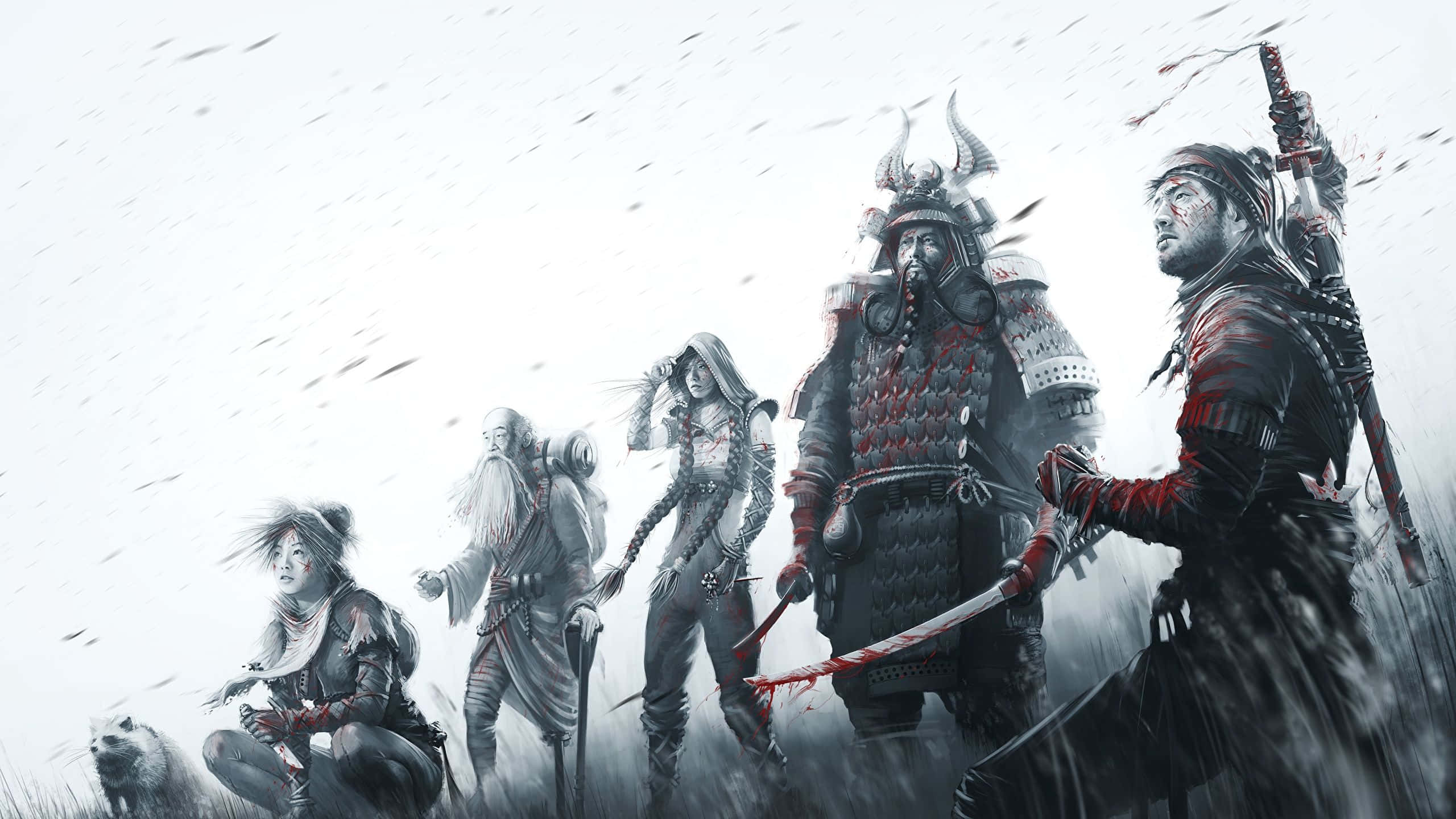 Black And White Samurai 桌布 壁紙 — 一群身穿戰鬥裝備的戰士站在雪地中，手持染血的劍，旁邊有一隻小狗。