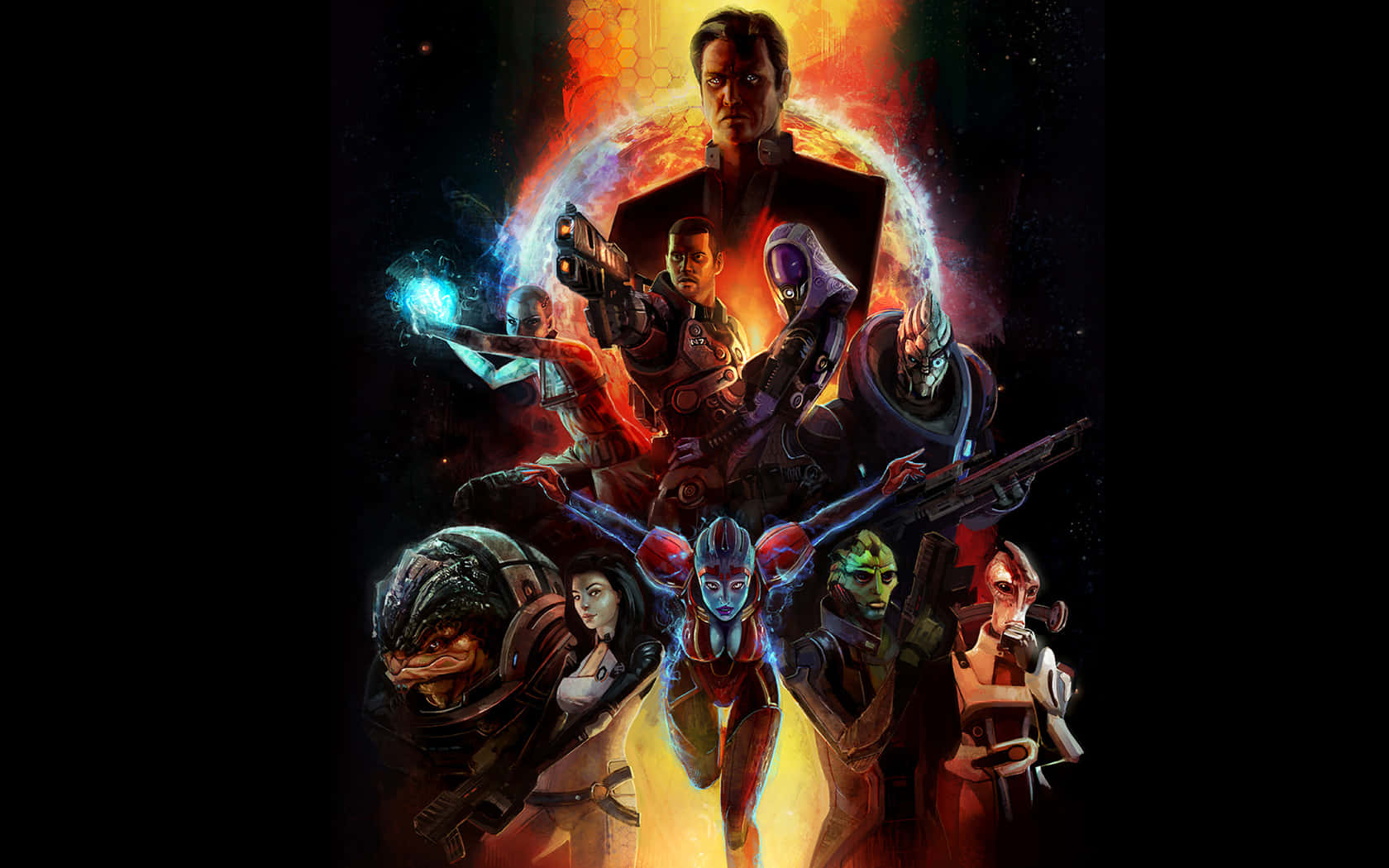 Mass Effect 2 桌布 壁紙 — 一群身穿未來裝甲的多樣化科幻角色，在發光的宇宙背景下準備戰鬥。