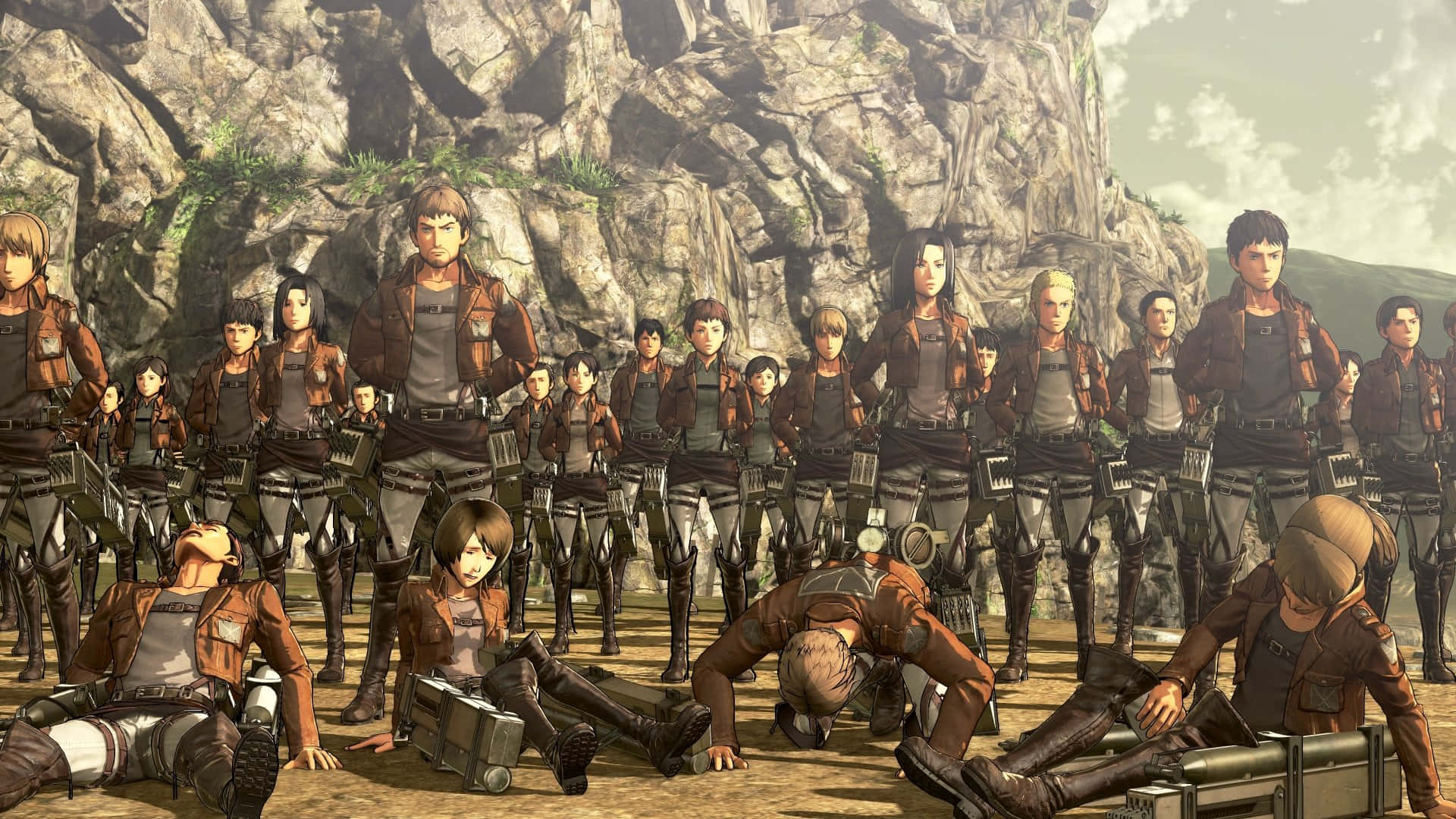 Attack On Titan Video Game 桌布 壁紙 — 一群身穿棕色裝備的士兵在陰天之下，於岩石峭壁前跪著或站著。