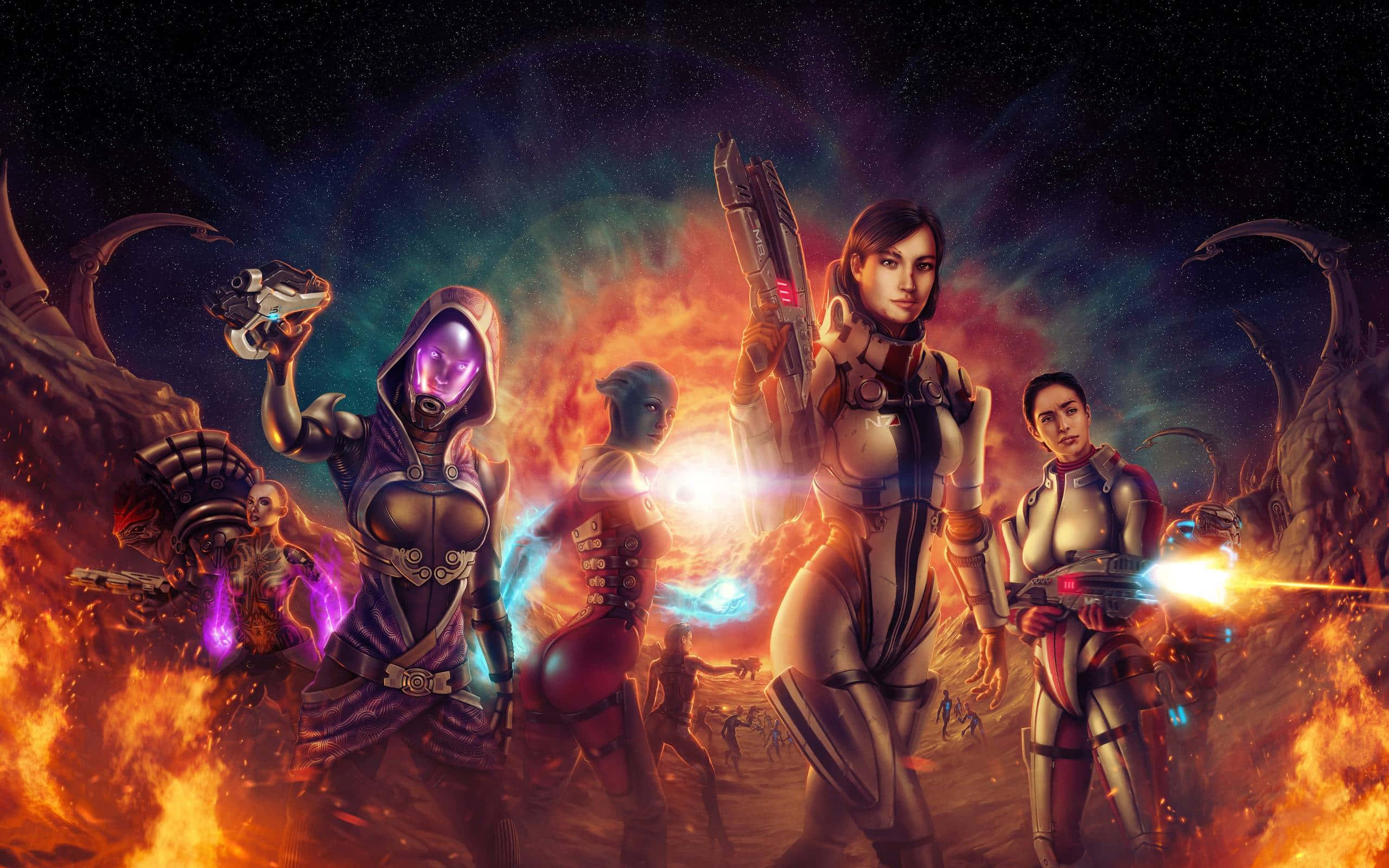 Mass Effect Characters 桌布 壁紙 — 一群身穿發光盔甲嘅未來戰士，喺熾熱嘅宇宙景觀中準備好同怪獸戰鬥。