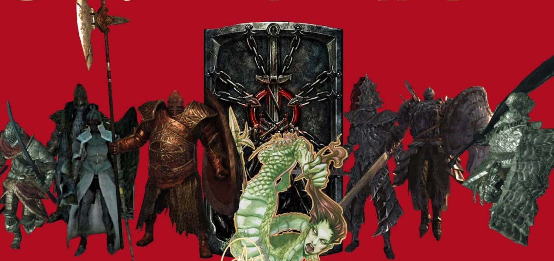 Dark Souls Bosses 桌布 壁紙 — 一群身穿盔甲的戰士和一條綠龍站在一個被鎖鏈束縛的盾牌前，背景是鮮豔的紅色。