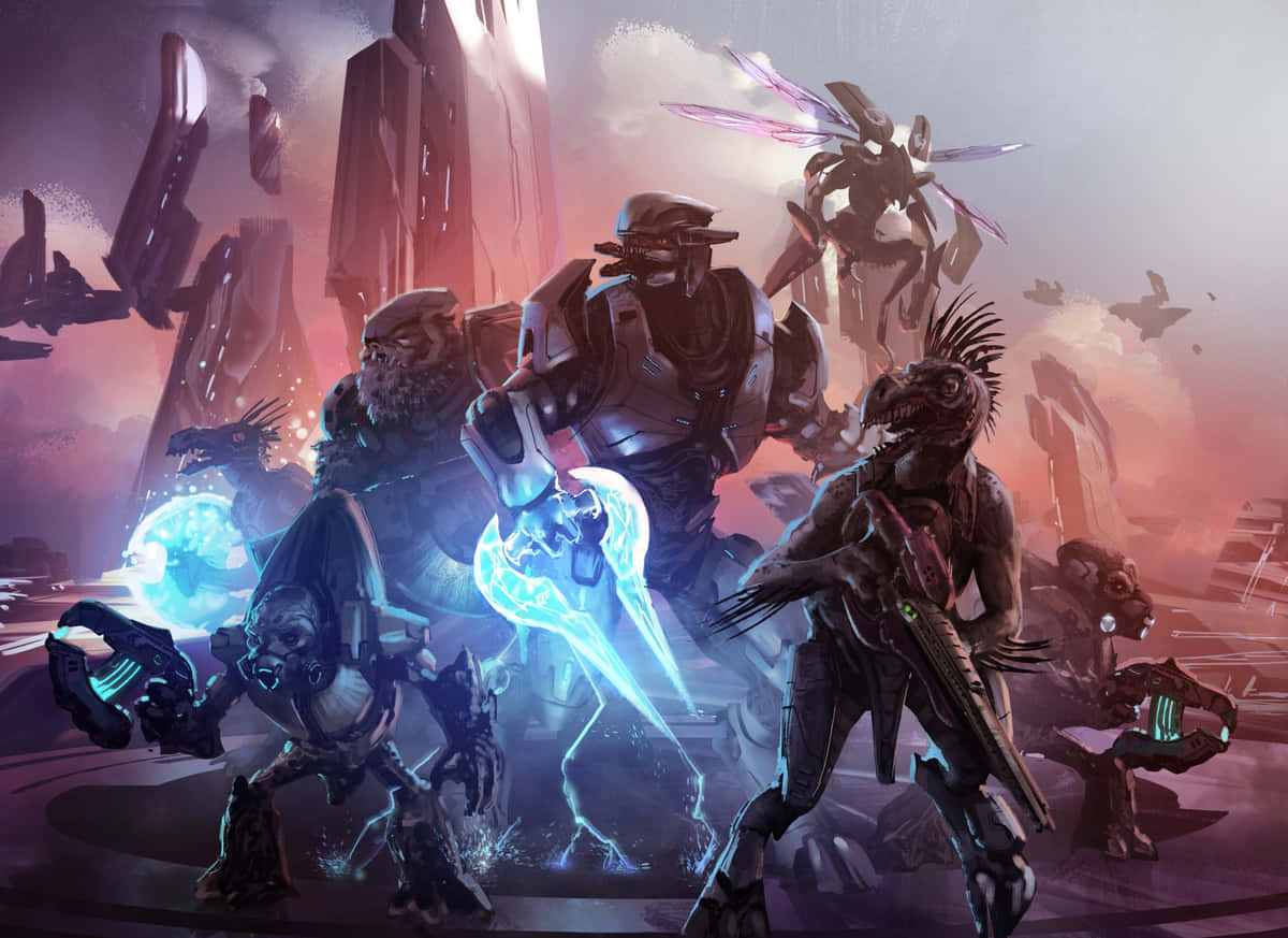 Halo Covenant 桌布 壁紙 — 一群身穿盔甲的戰士和外星生物在破碎的未來城市景觀中，在發光的天空下準備就緒。
