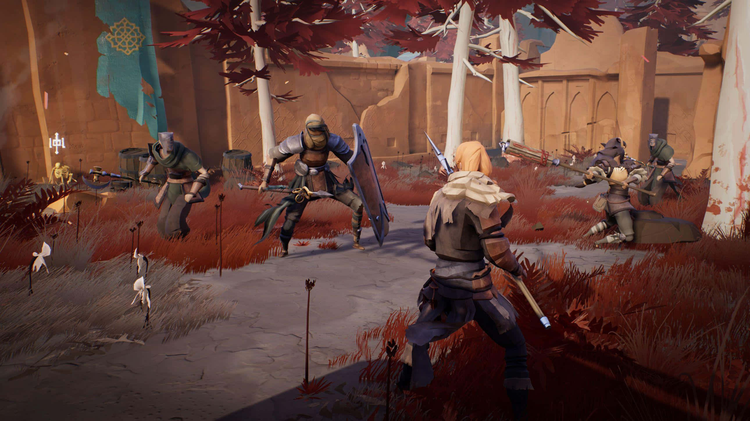 Ashen 桌布 壁紙 — 一群身穿盔甲的戰士在陽光明媚的沙漠村莊中交戰，村莊有紅色樹葉和石頭建築。