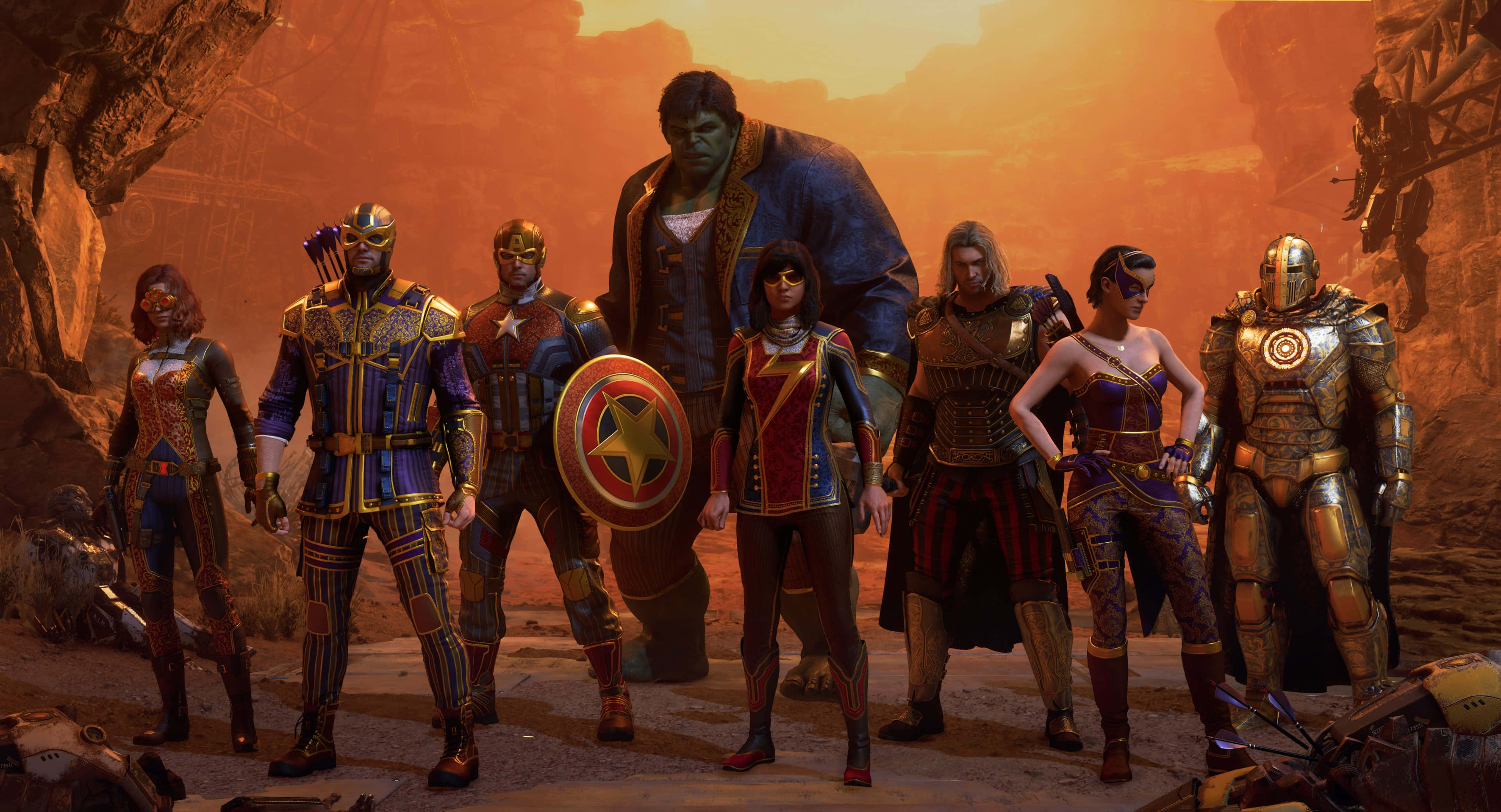 Superhero Video Games 桌布 壁紙 — 一群身穿精細盔甲的超級英雄在溫暖的橙色天空下，一起站在岩石峽谷中。