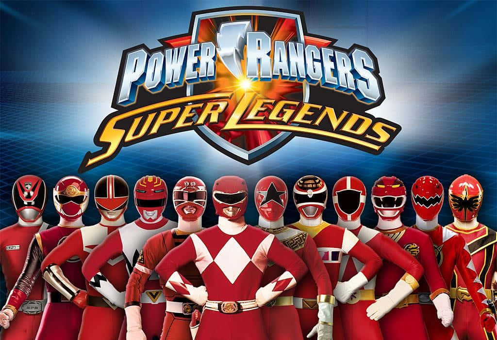 Power Rangers 桌布 壁紙 — 一群身穿紅色及其他顏色戰衣的Power Rangers，在藍色漸變背景上，於「Power Rangers Super Legends」標誌下英勇站立。