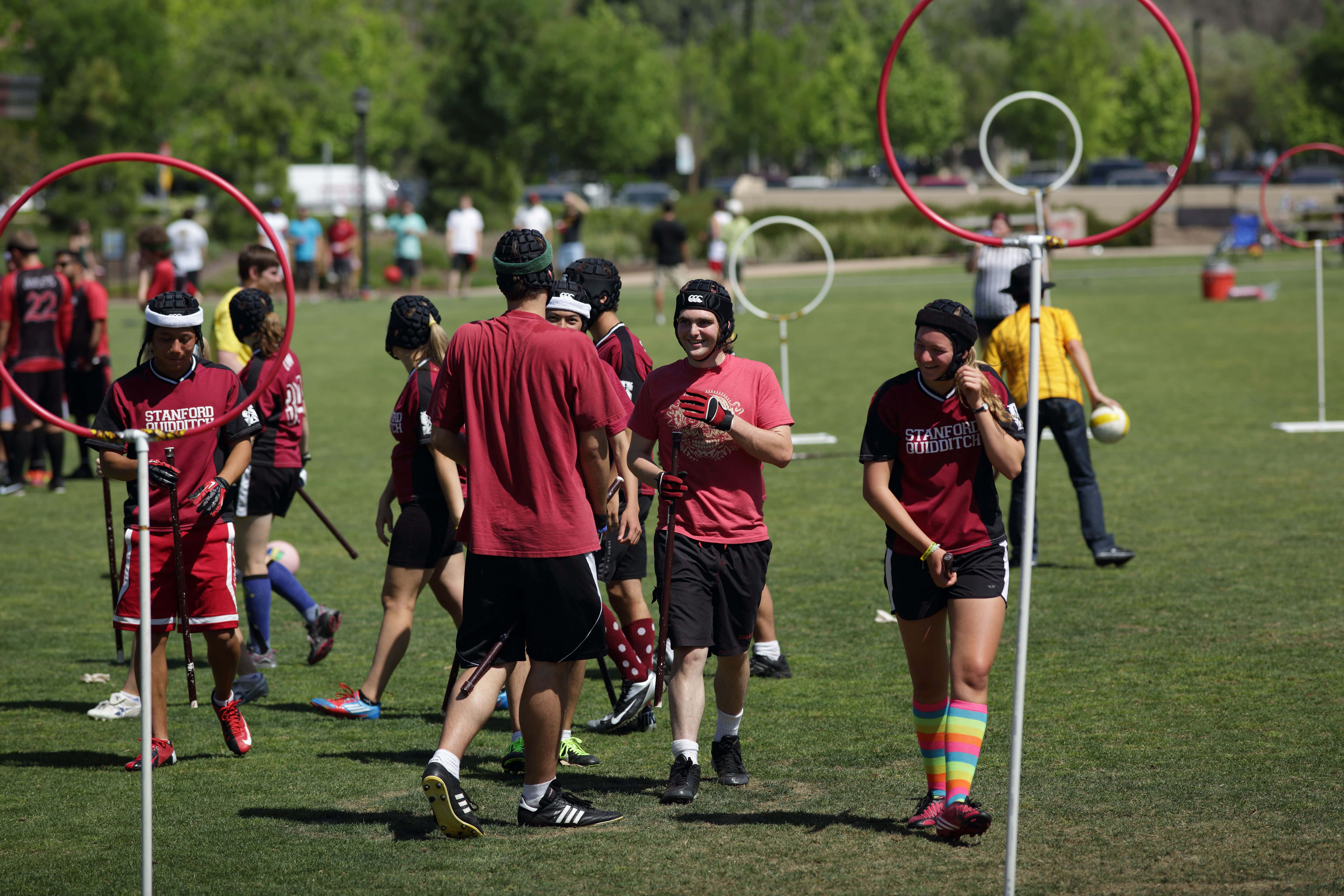 Quidditch 桌布 壁紙 — 一群身穿紅色史丹福球衣的長曲棍球運動員聚集在陽光明媚的草地上，背景有球門和觀眾。