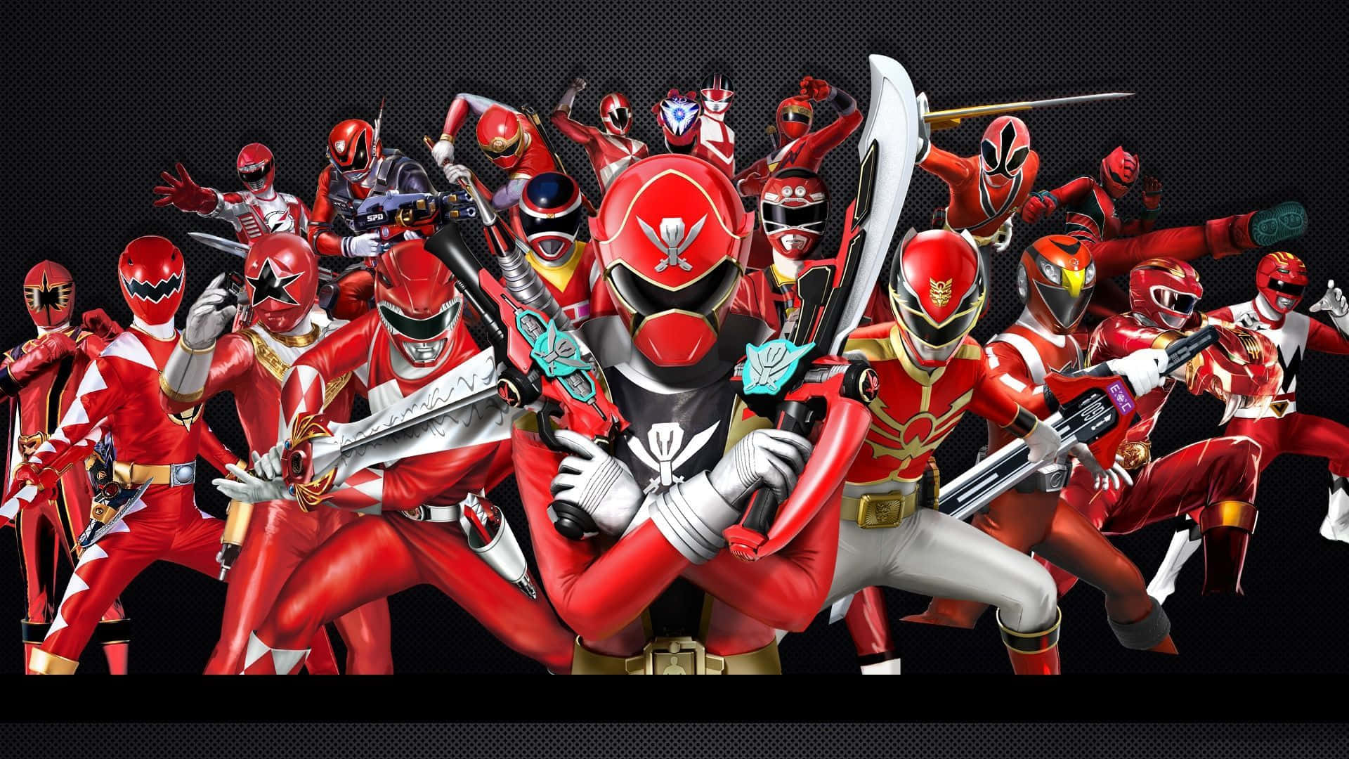 Power Rangers 桌布 壁紙 — 一群身穿紅色裝甲的超级英雄以英雄姿態手持武器，背景為深色紋理。