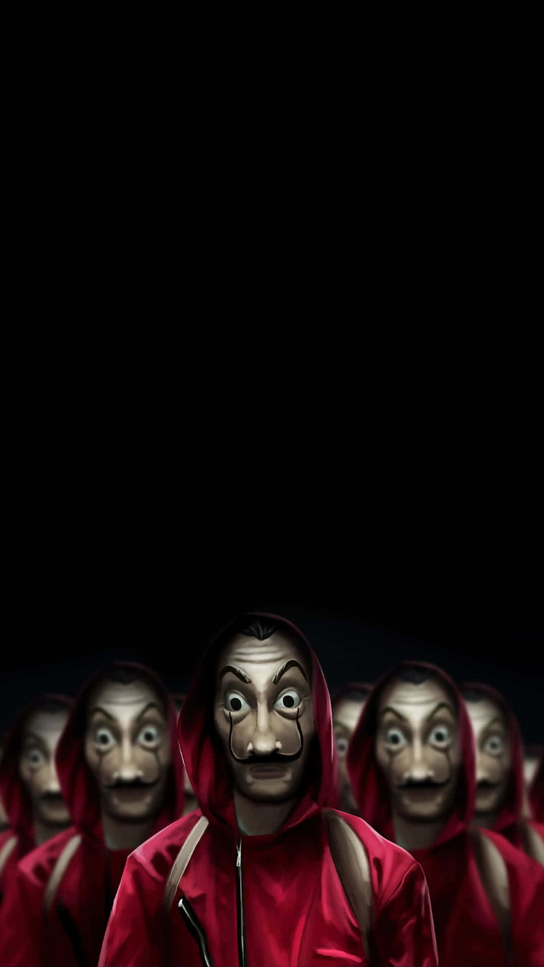 Money Heist 桌布 壁紙 — 一群身穿紅色連帽連身衣、戴著達利面具的威脅性人物，在黑色虛空中直視前方。