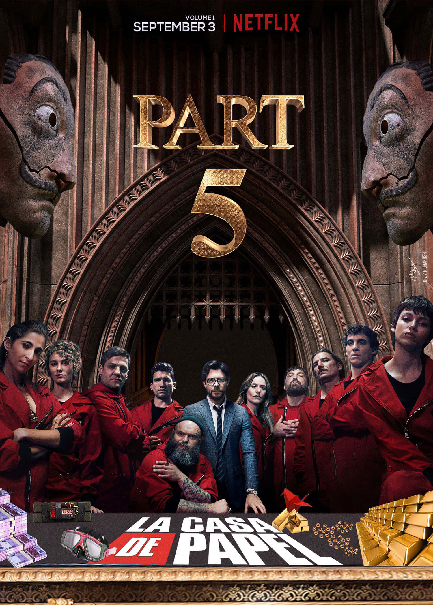 Money Heist 桌布 壁紙 — 一群身穿紅色連身衣的劫匪站在一個巨大的哥德式拱門前，兩側是巨大的達利面具，上面有金色文字寫著 Part 5。
