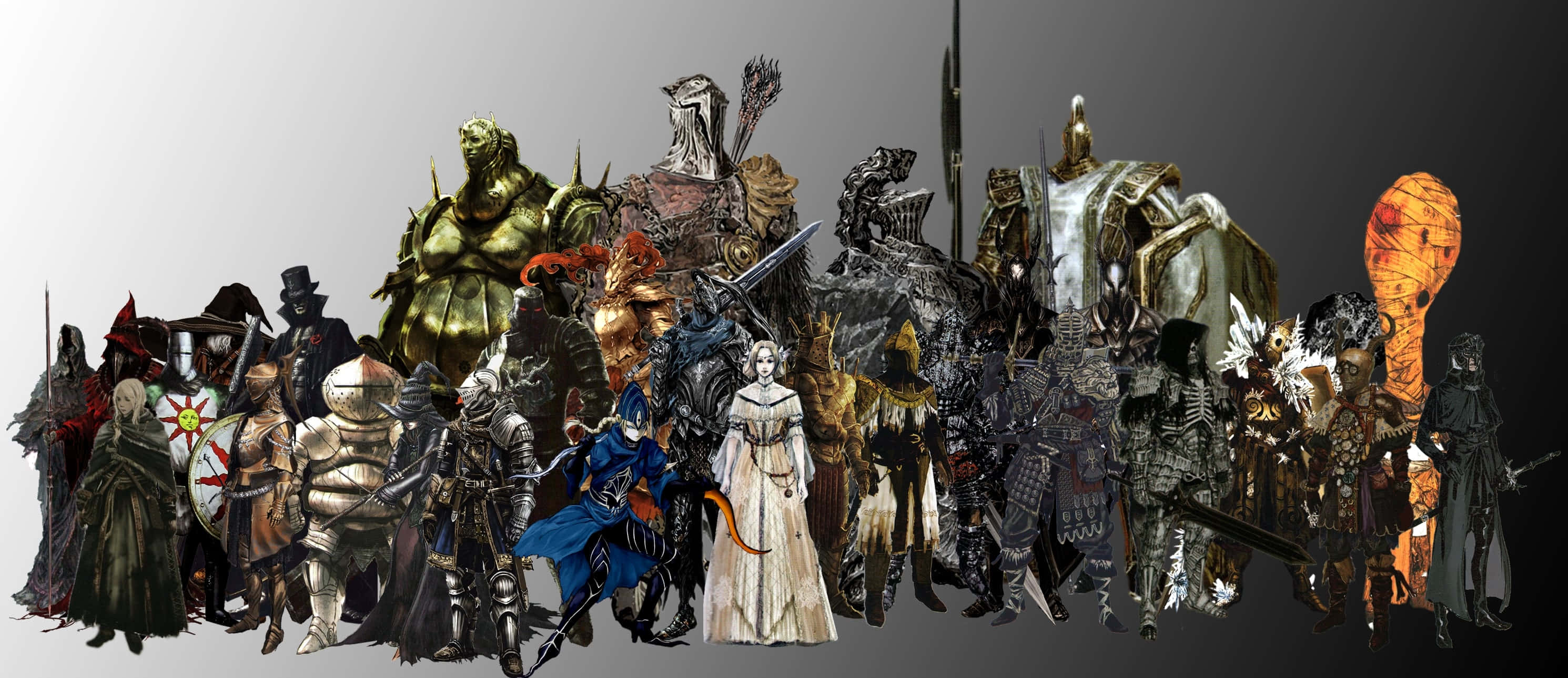 Solaire Of Astora 桌布 壁紙 — 一群身穿華麗盔甲和服裝的奇幻戰士與怪物，在漸變灰色背景前擺好姿勢準備戰鬥。