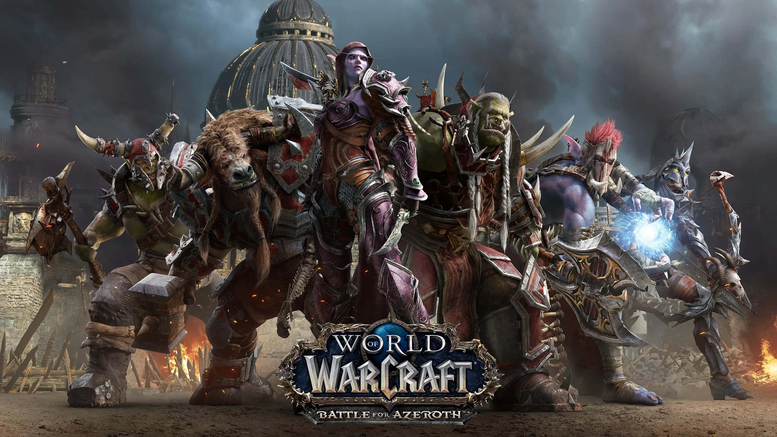 World Of Warcraft Races 桌布 壁紙 — 一群身穿華麗盔甲的奇幻戰士與野獸，在暴風雨的天空下，以圓頂堡壘為背景，準備戰鬥。