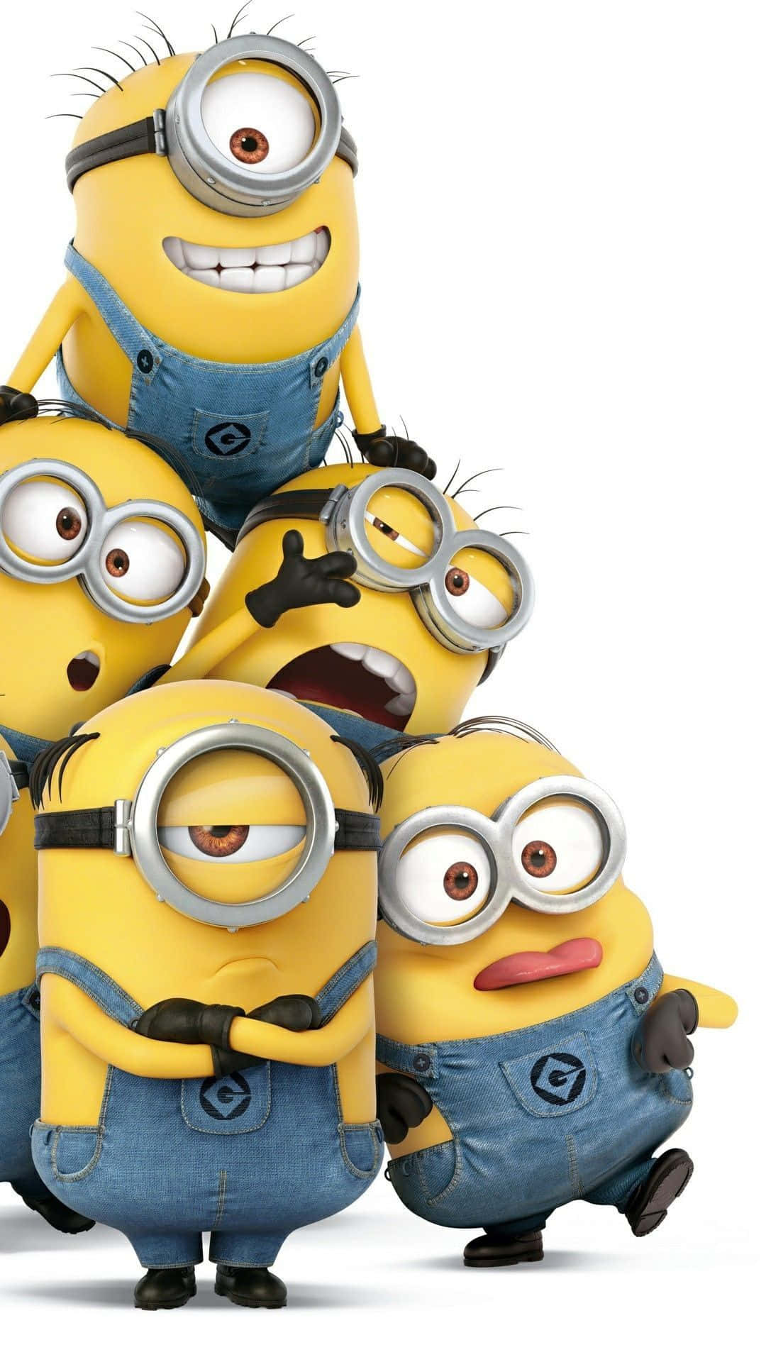 Minion 桌布 壁紙 — 一群身穿藍色工裝褲和護目鏡的黃色Minions在白色背景上堆疊在一起。