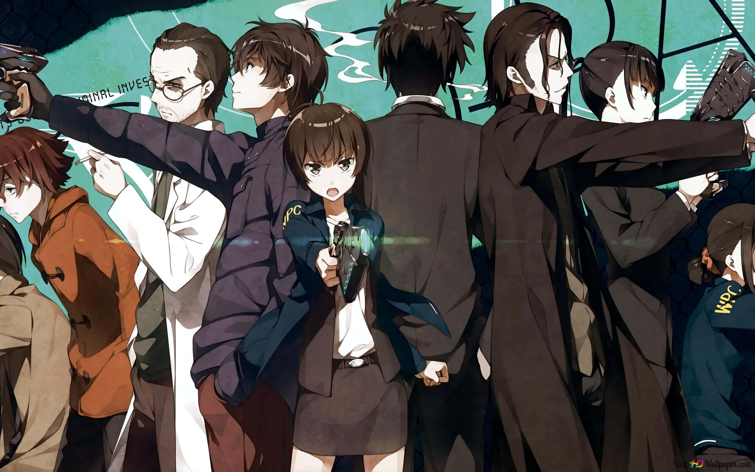 Psycho Pass 桌布 壁紙 — 一群身穿西裝的動漫角色在帶有煙霧效果的青綠色背景前，於緊張的對峙中舉槍瞄準。