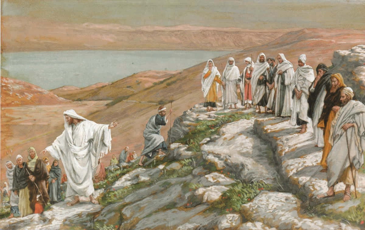 Jesus Disciples 桌布 壁紙 — 一群身穿長袍的人物聚集在岩石山坡上，俯瞰著廣闊的湖泊，天空朦朧。