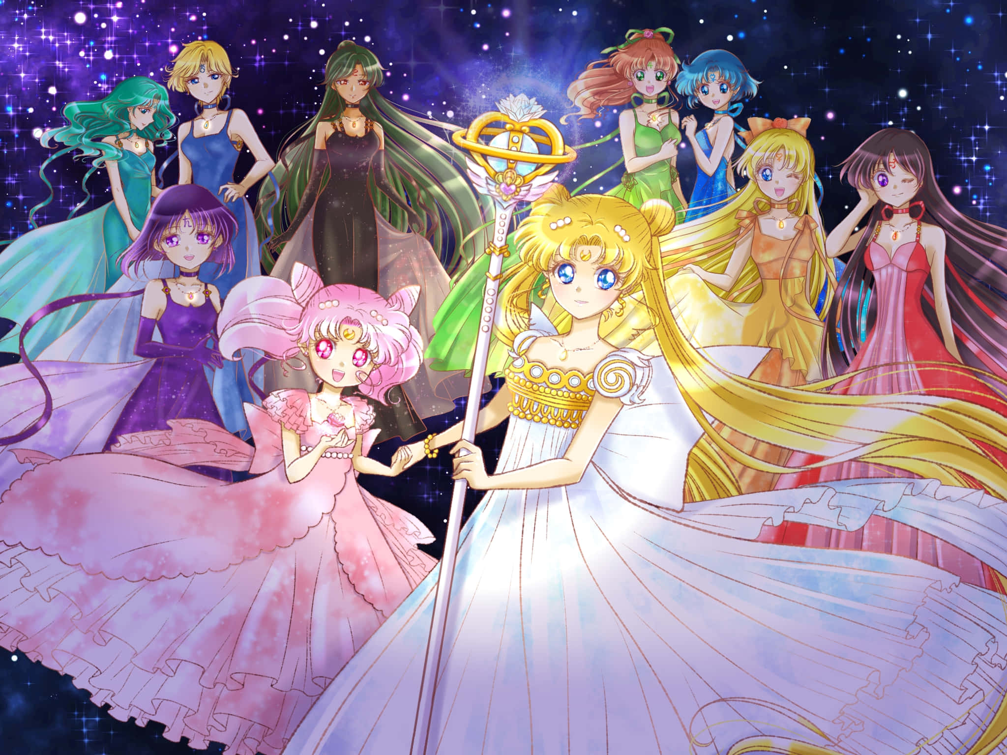 Sailor Venus 桌布 壁紙 — 一群身穿飄逸長袍的動漫女英雄，站在閃爍的星空夜空下，其中一人手持發光法杖。