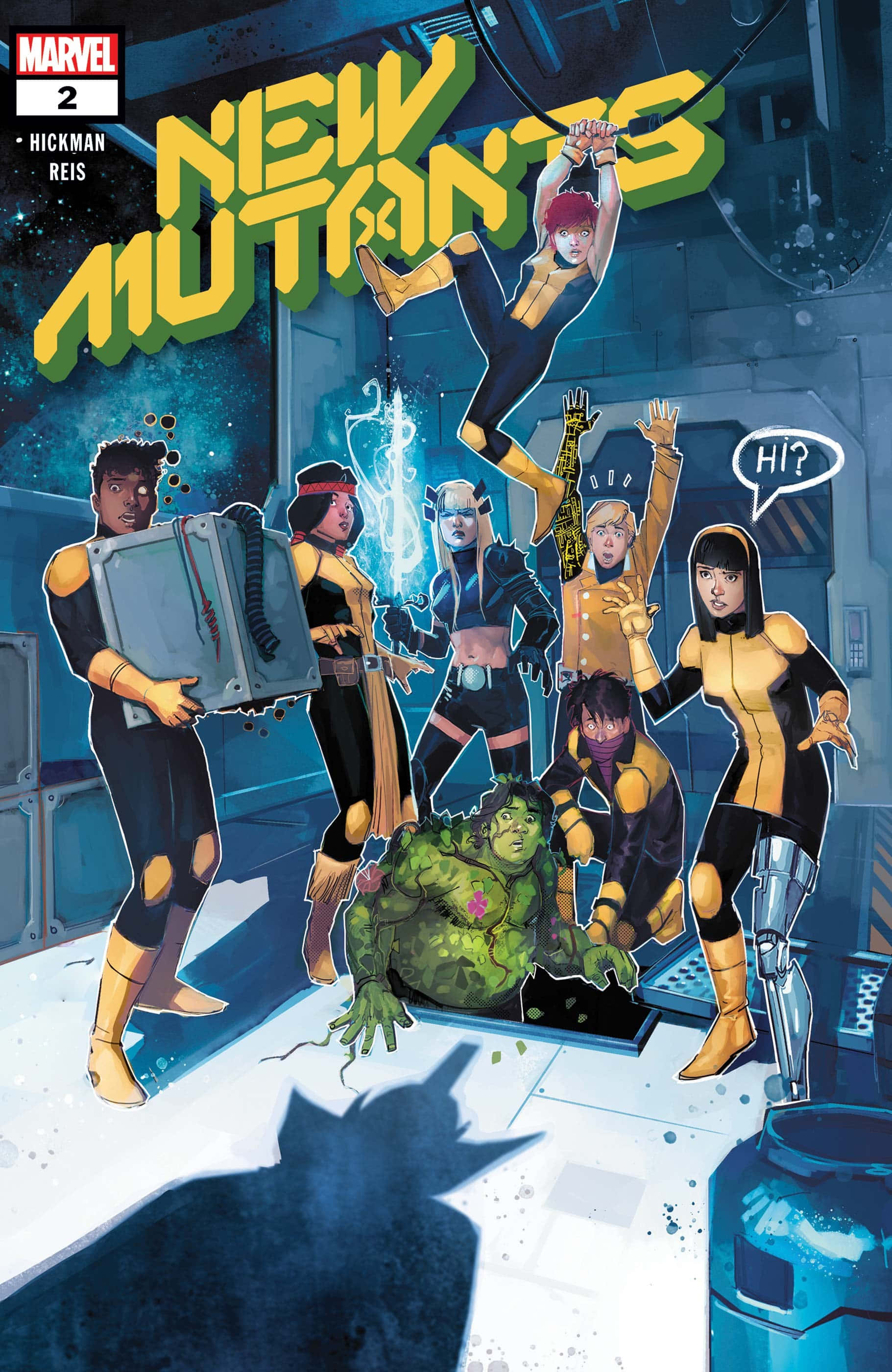 New Mutants 桌布 壁紙 — 一群身穿黃黑制服的變種超級英雄在高科技實驗室中，對一個綠色龐大身影從地板面板中出現感到震驚和驚訝。