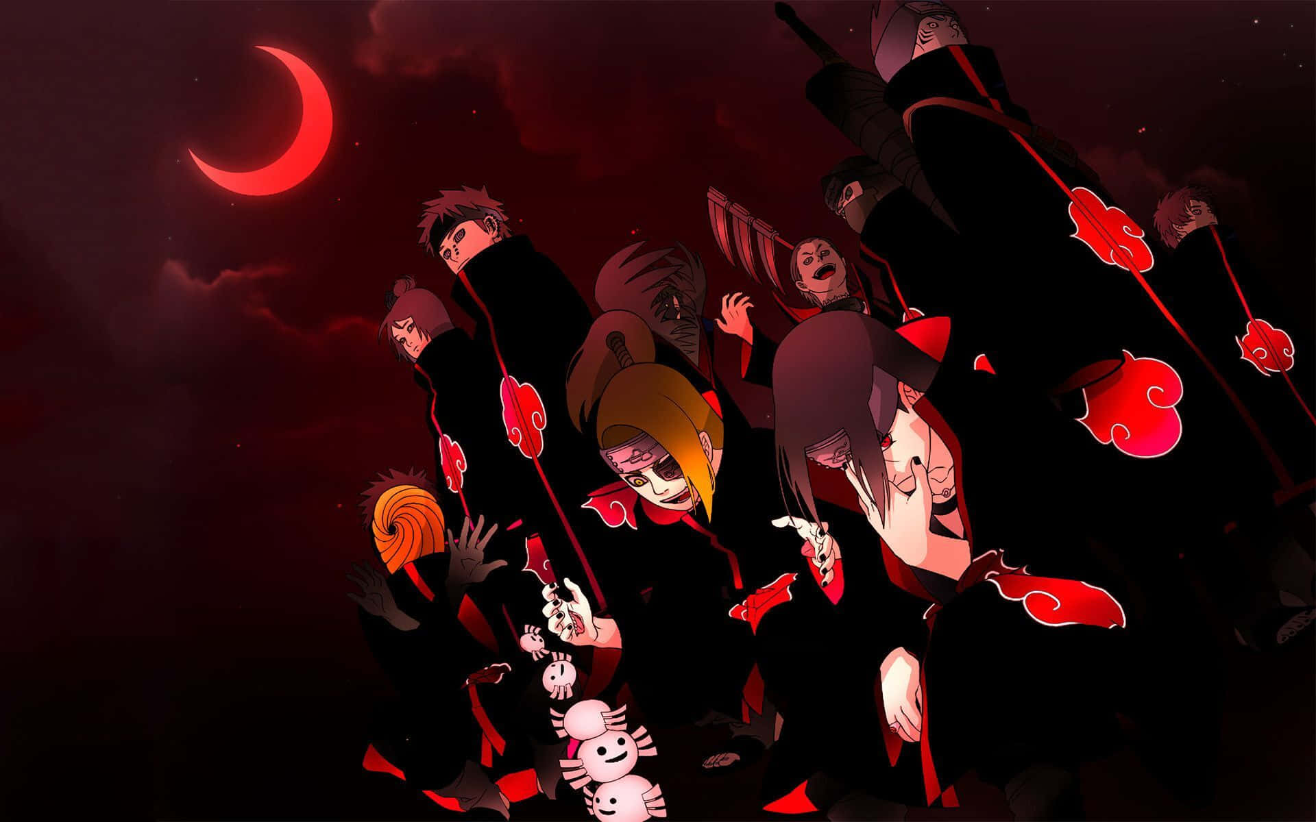 Akatsuki Members 桌布 壁紙 — 一群身穿黑色斗篷、帶有紅色雲紋的動漫角色，站在暗紅色天空下的紅色新月下方。