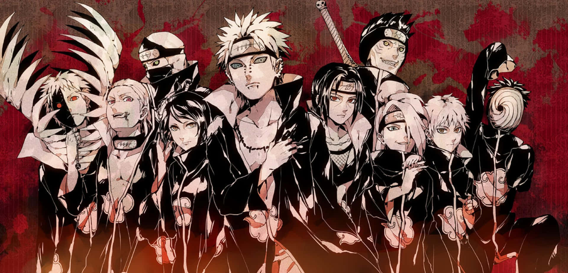 Akatsuki Members 桌布 壁紙 — 一群身穿黑色斗篷的動漫角色站在血紅色紋理背景前，帶有戲劇性燈光。