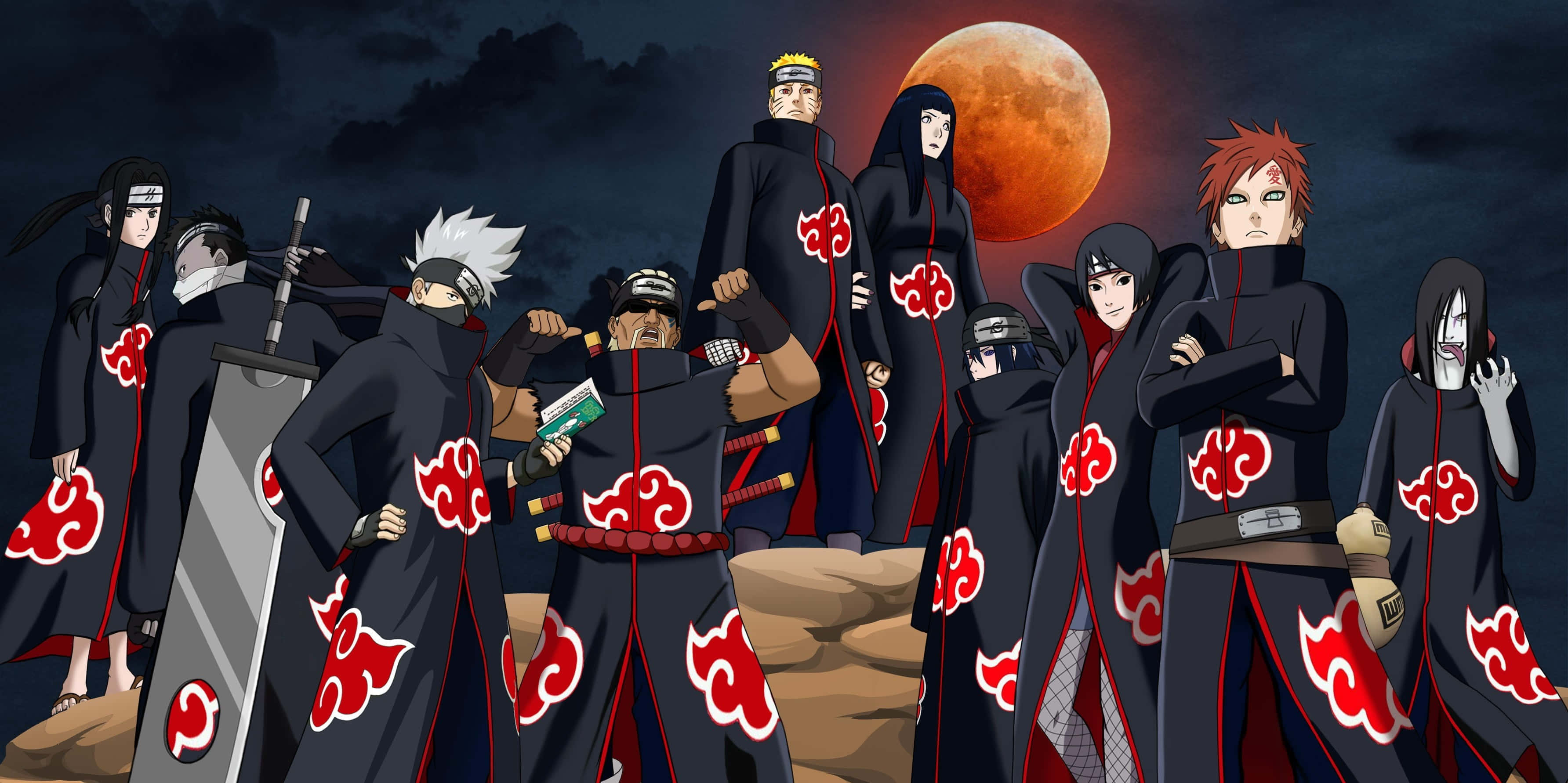 Akatsuki Members 桌布 壁紙 — 一群身穿黑色曉組織斗篷、帶有紅色雲紋的動漫忍者，站在血橙色月亮下，背景是黑暗的天空。